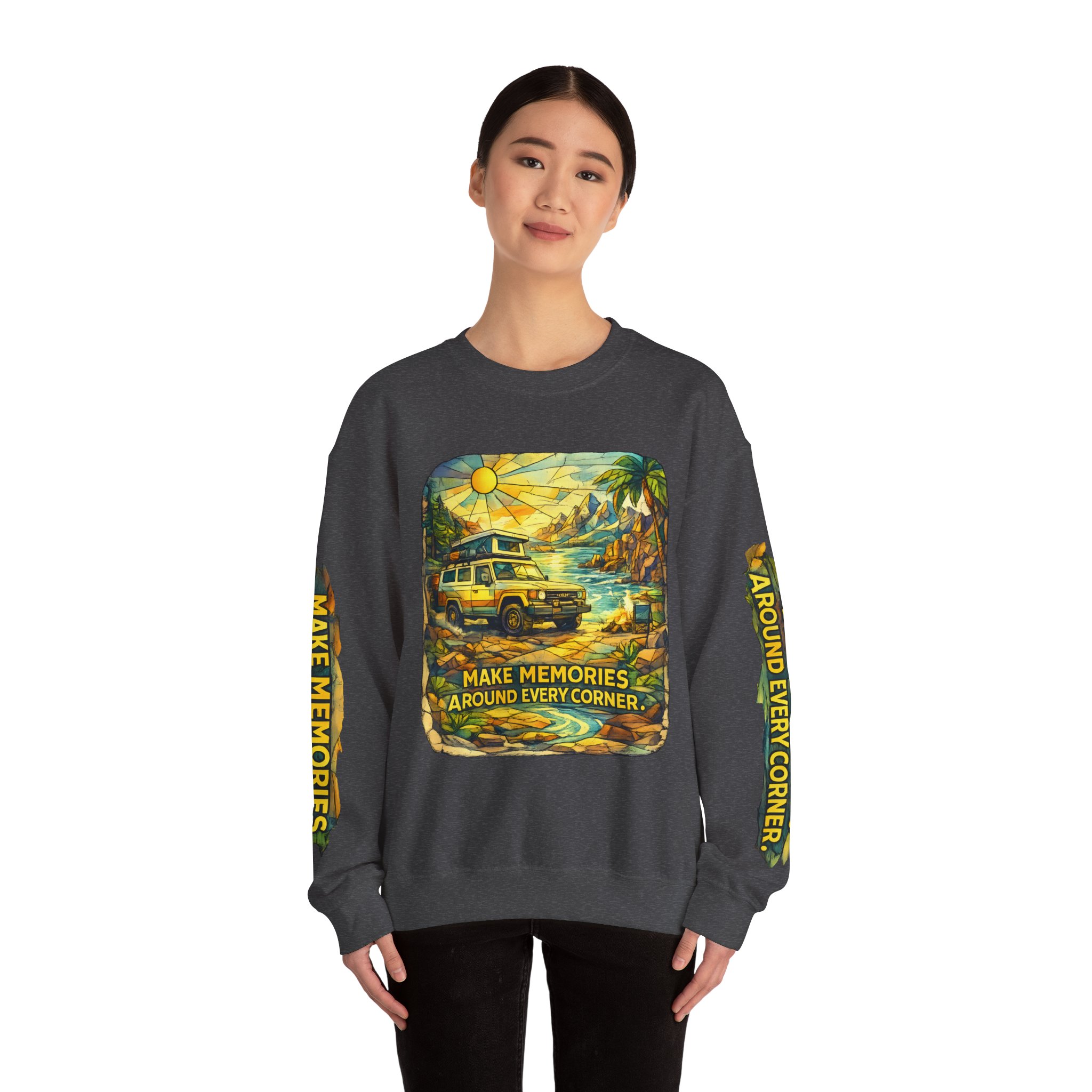 Unisex Heavy Blend™ Crewneck Sweatshirt — "Make Memories Around Every Corner" Design Cubic-Line