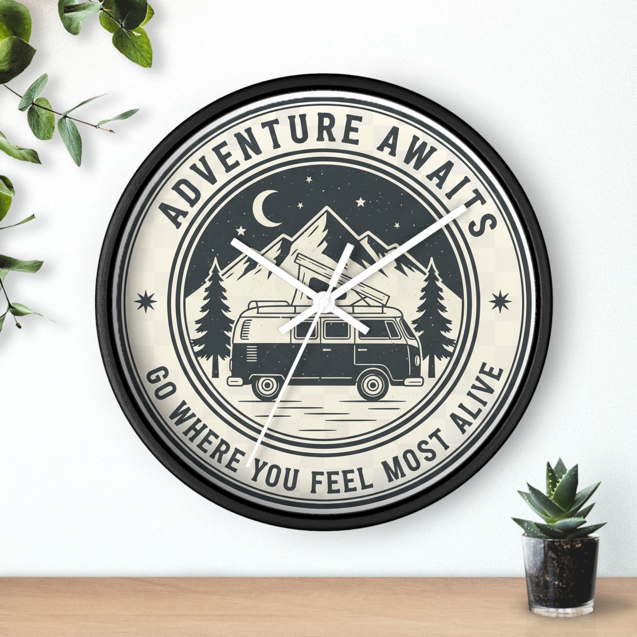 Wall Clock — "Adventure Awaits-Go Where You Feel Most Alive" Camper Van Mountain Travel Timepiece