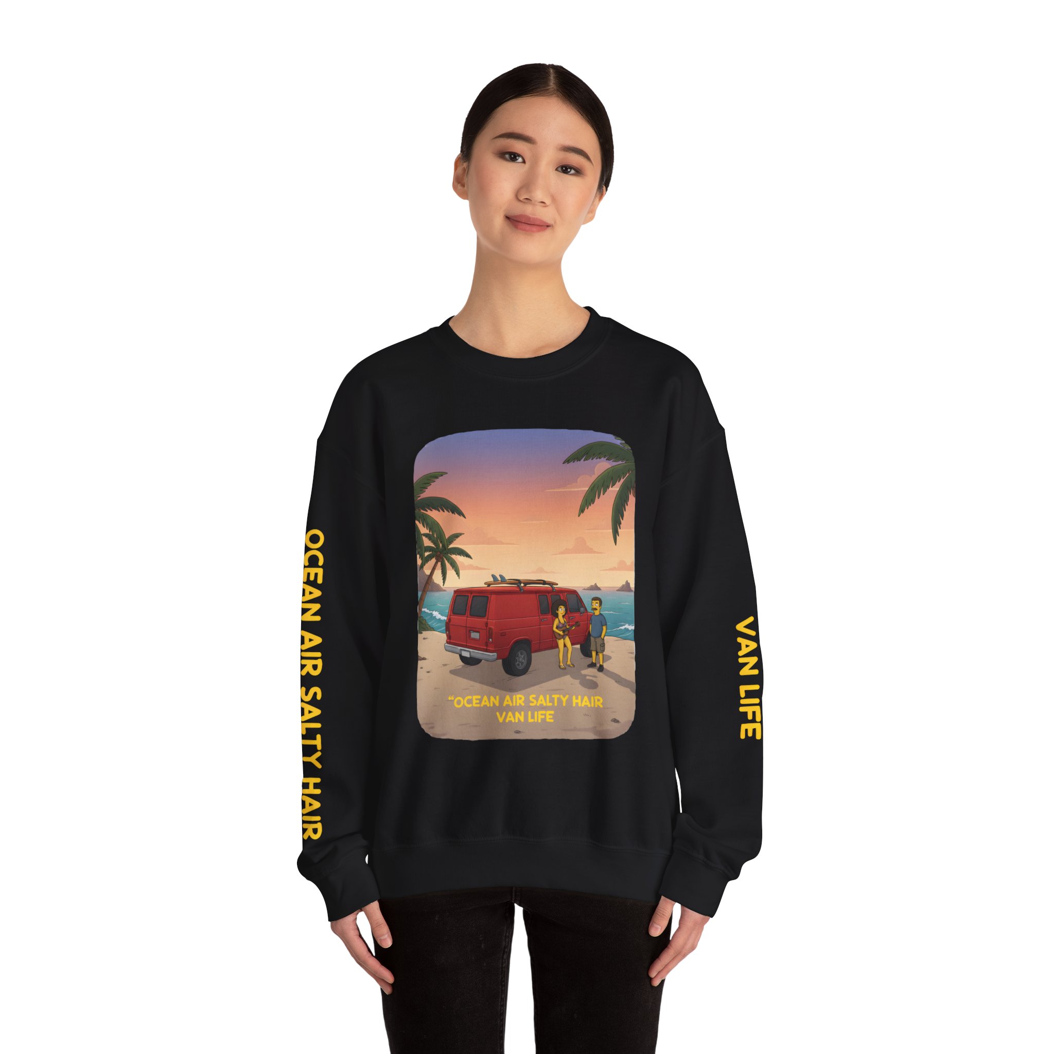 Unisex Heavy Blend™ Crewneck Sweatshirt — "Ocean Air Salty Hair Van Life" Design Sitcom-Line