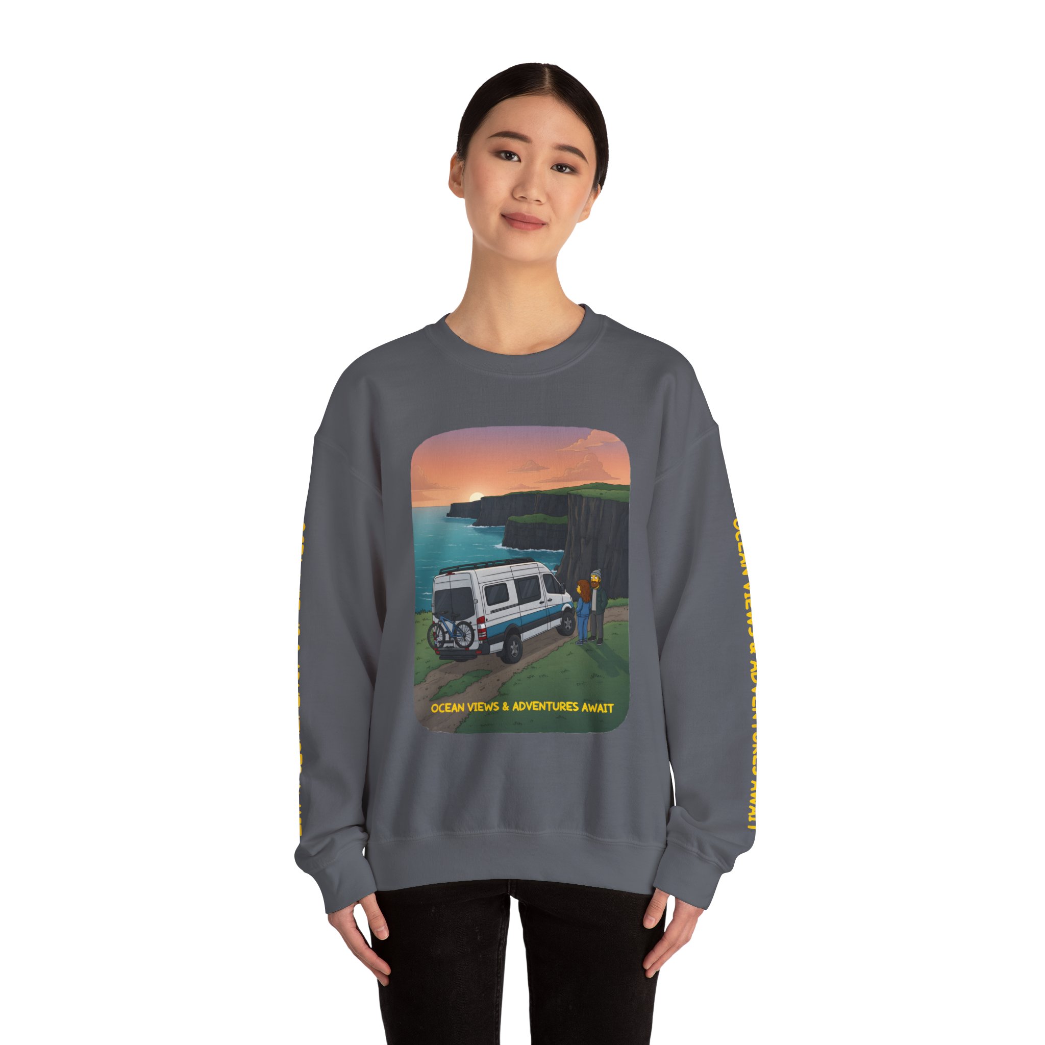 Unisex Heavy Blend™ Crewneck Sweatshirt — "Ocean Views-Adventures Awaits" Design Sitcom-Line