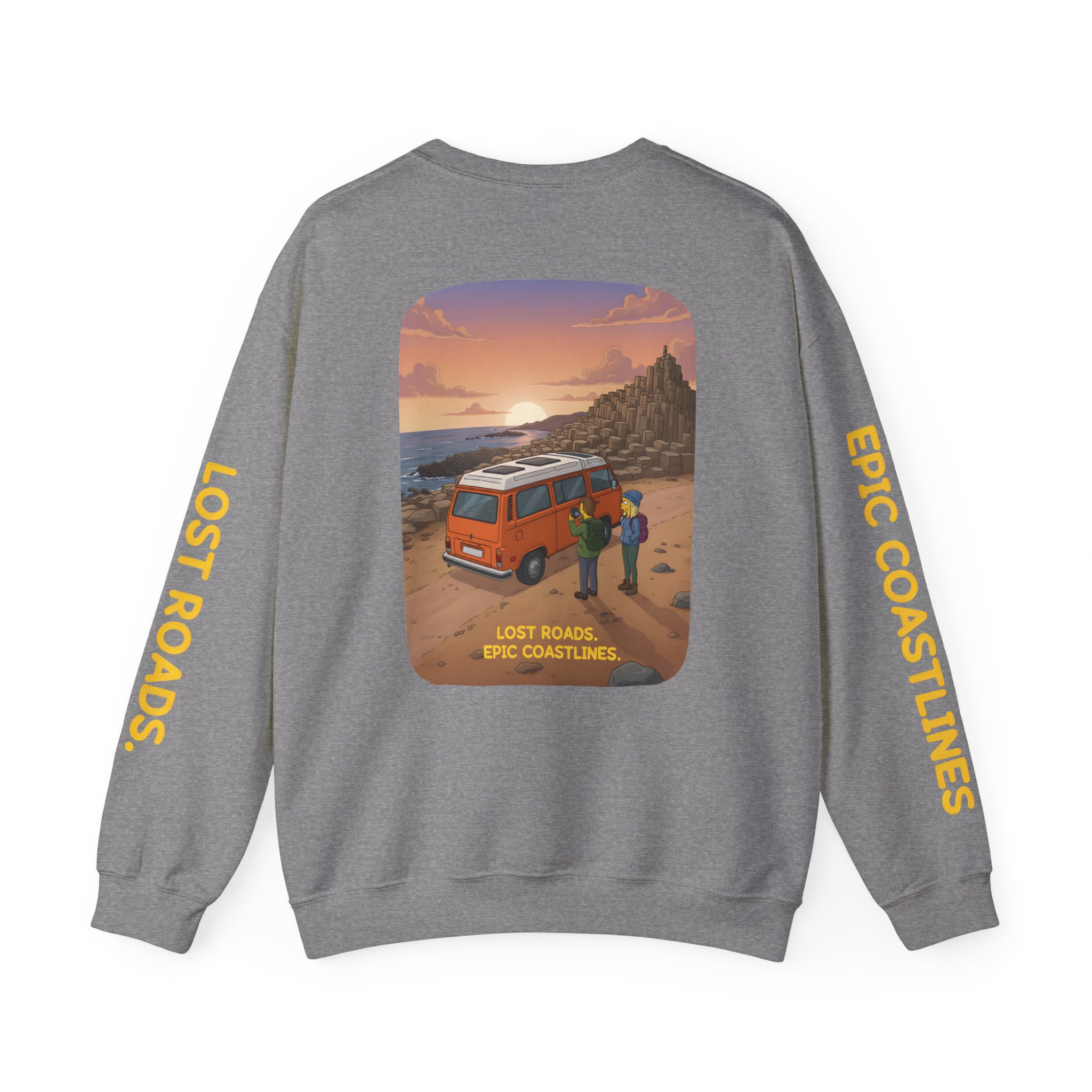 Unisex Heavy Blend™ Crewneck Sweatshirt — "Lost Roads Epic Coastlines" Design Sitcom-Line
