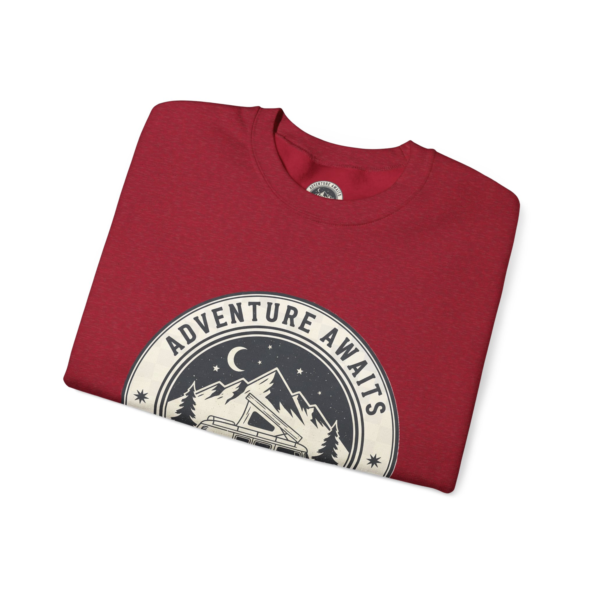 16965690633377031157_2048.jpeg Crewneck Sweatshirt — "Adventure Awaits-Go Where You Feel Most Alive" (Only Font + Back printed) Vintage Camper Van Outdoor Graphic