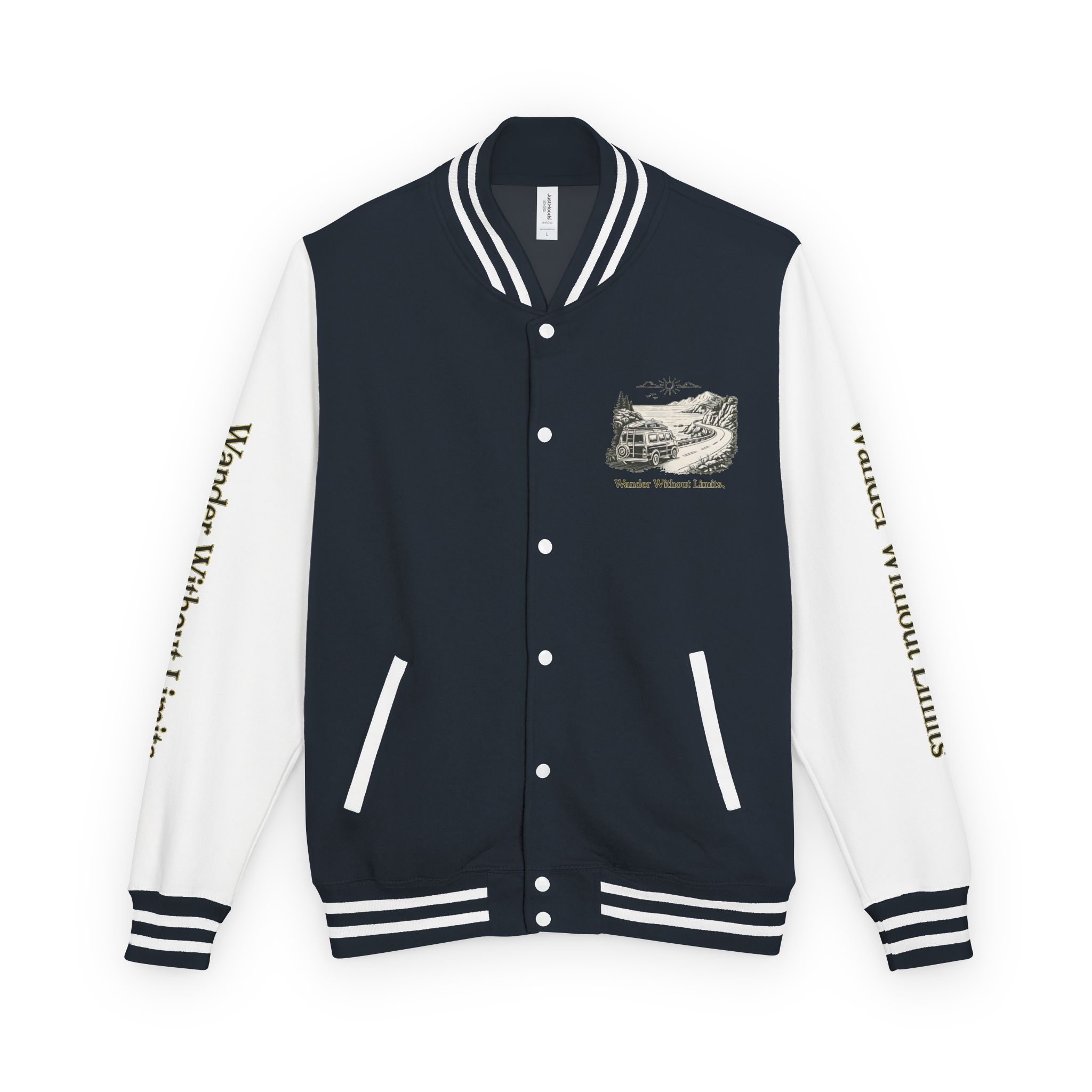 Unisex Heavyweight Letterman Jacket — "Wander Without Limits" Travel Varsity Coat