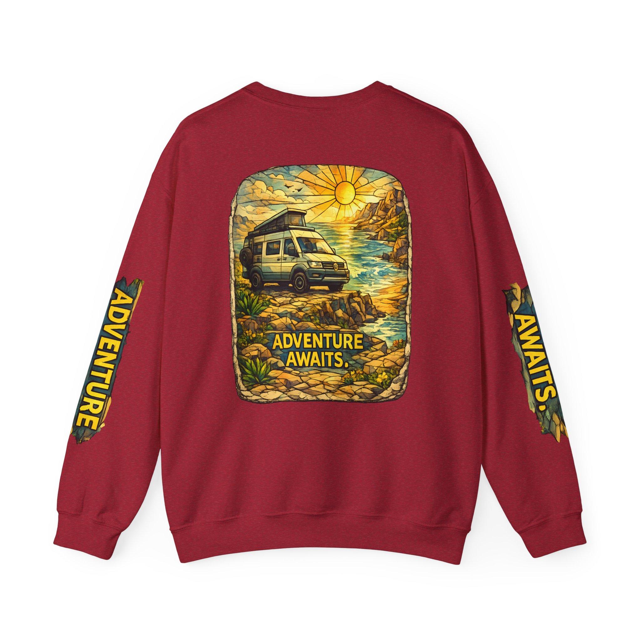 Unisex Heavy Blend™ Crewneck Sweatshirt — "Adventure Awaits" Design Cubic-Line