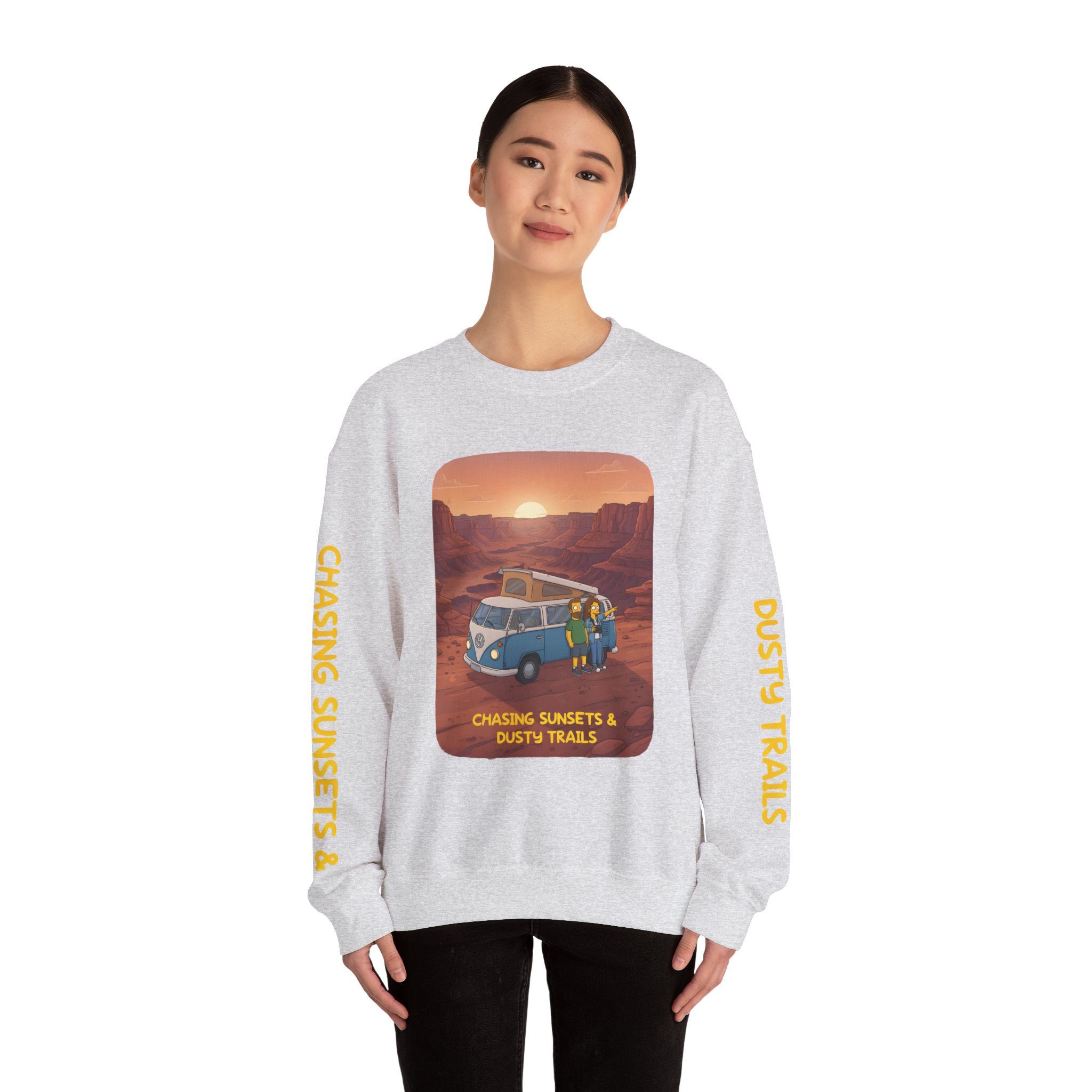 Unisex Heavy Blend™ Crewneck Sweatshirt — "Chasing Sunsets And Dusty Trails" Design Sitcom-Line