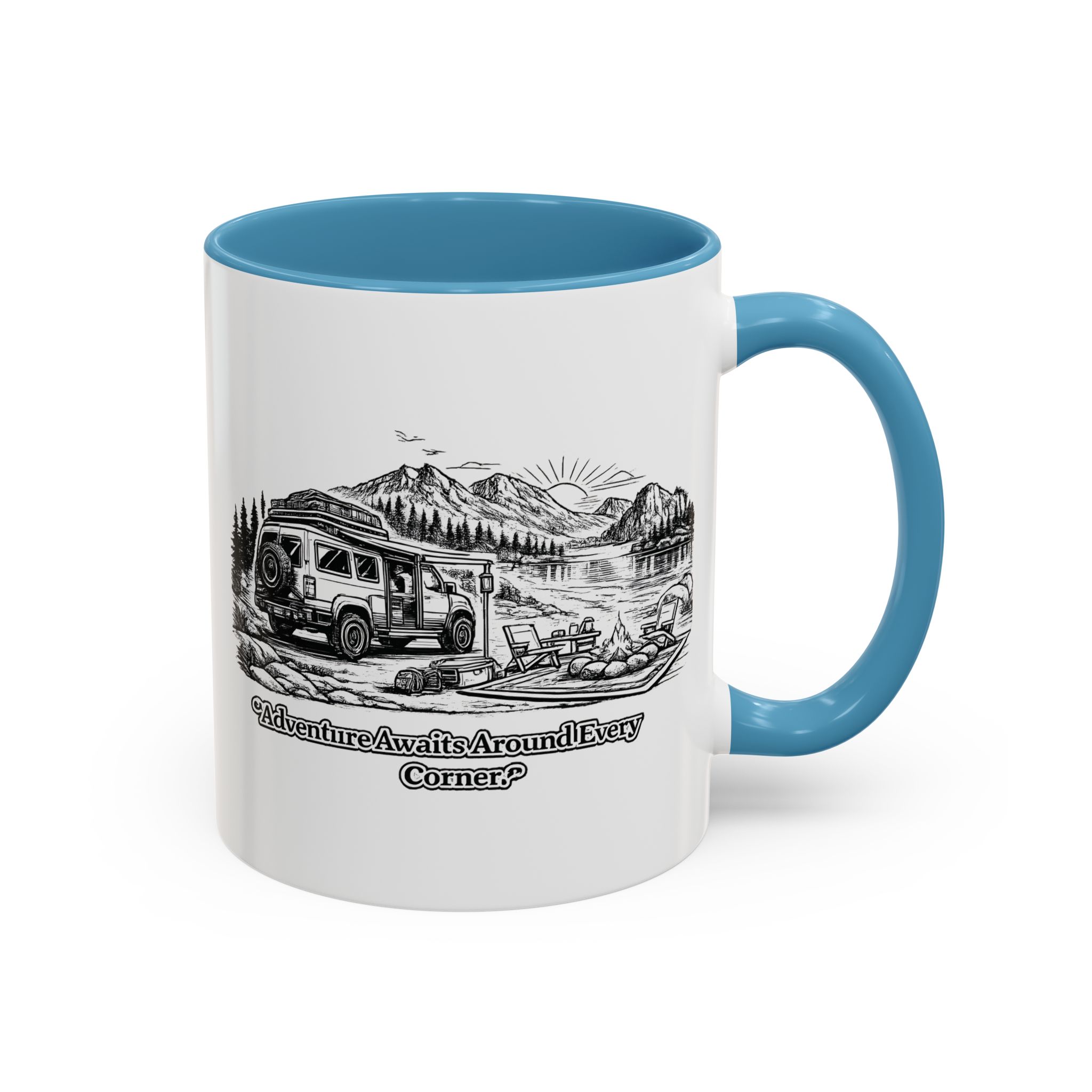 Accent Coffee Mug (11, 15oz) — "Adventure Awaits Around Every Corner" Design Minimal-Line