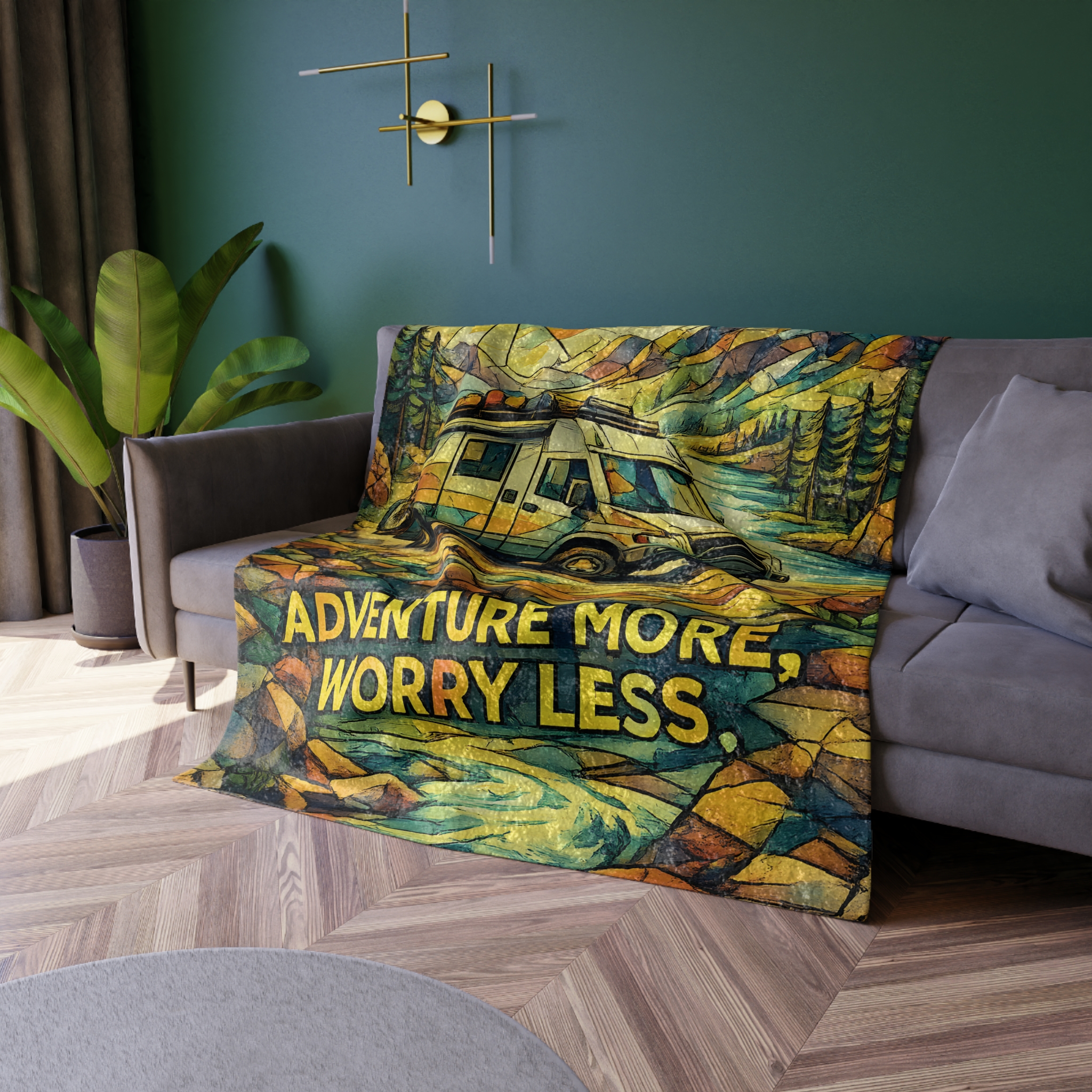 Crushed Velvet Blanket —"Adventure More Worry Less" Design Cubic-Line (Campervan)
