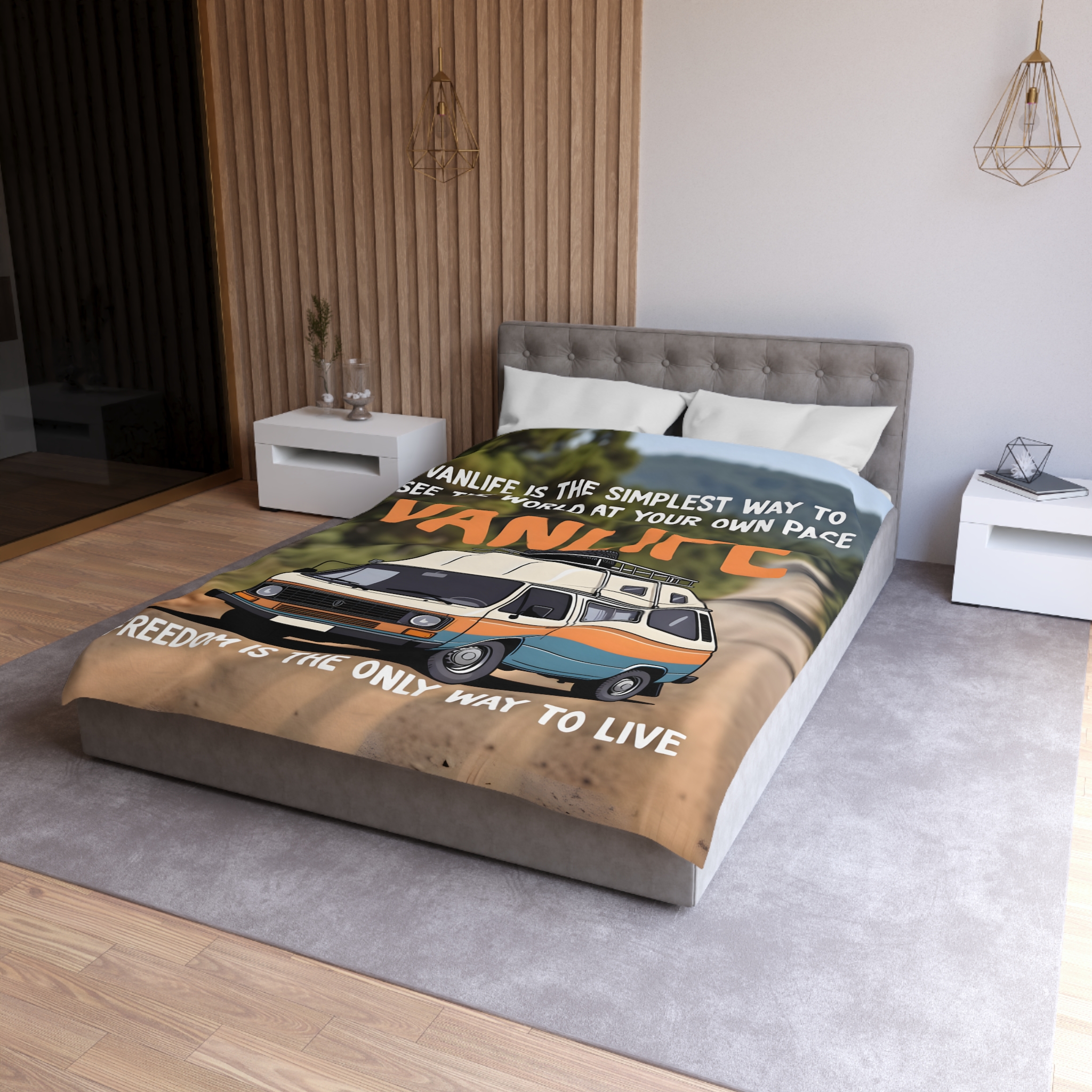 Duvet Cover — "Vanlife freedom is the only way to live" Retro Camper Van Freedom Bedding