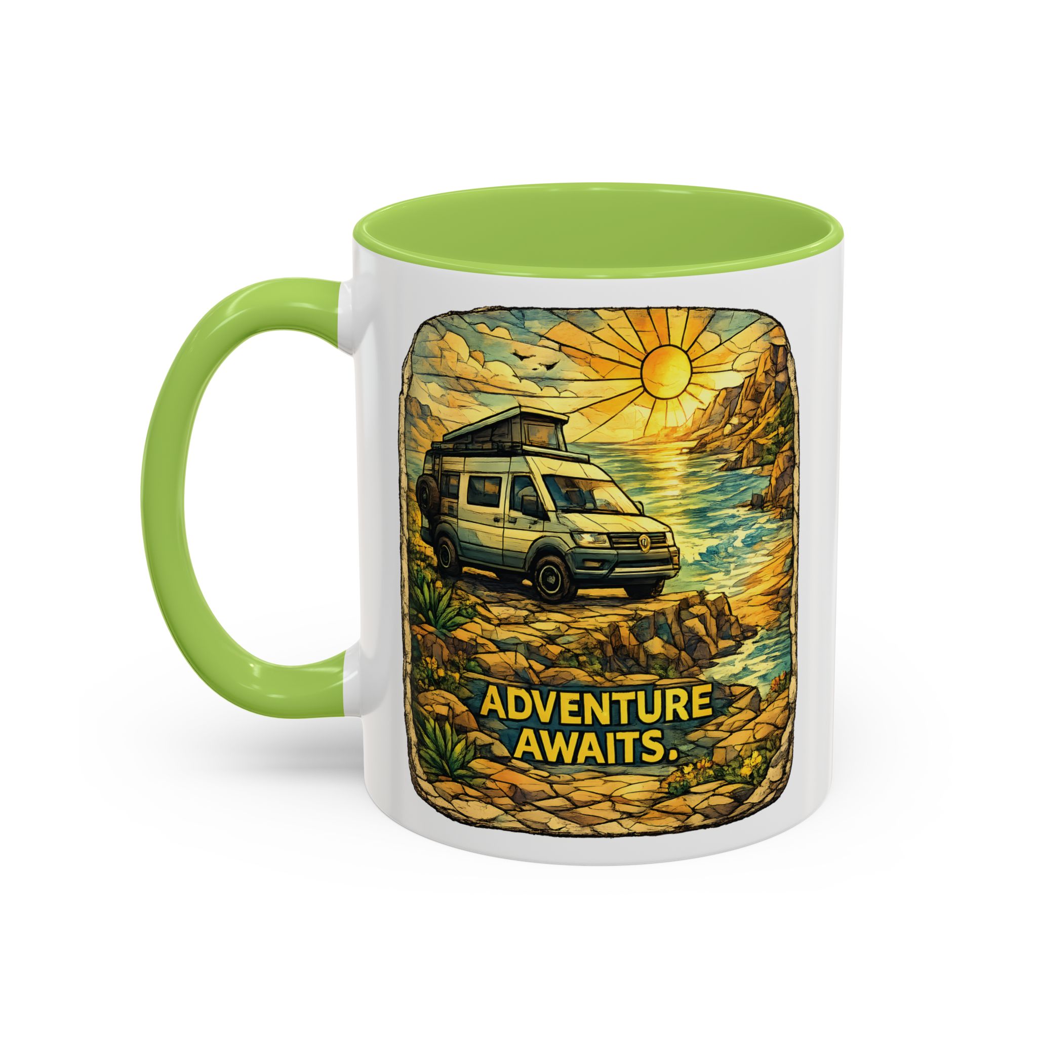 Accent Coffee Mug (11, 15oz) — "Adventure Awaits" Design Cubic-Line