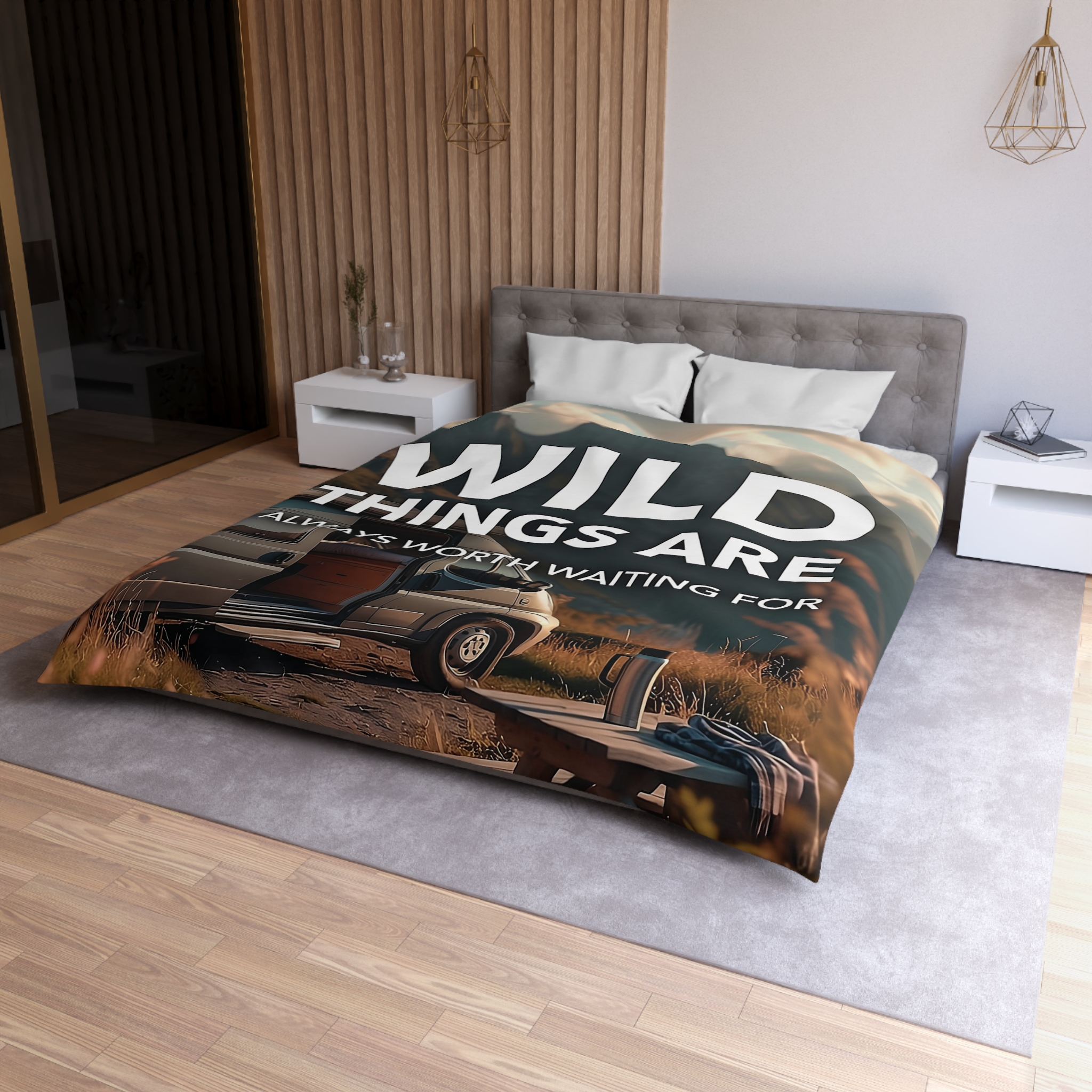 Duvet Cover — "Wild Things Are Always Worth Waiting For" Scenic Camper Bedroom Decor