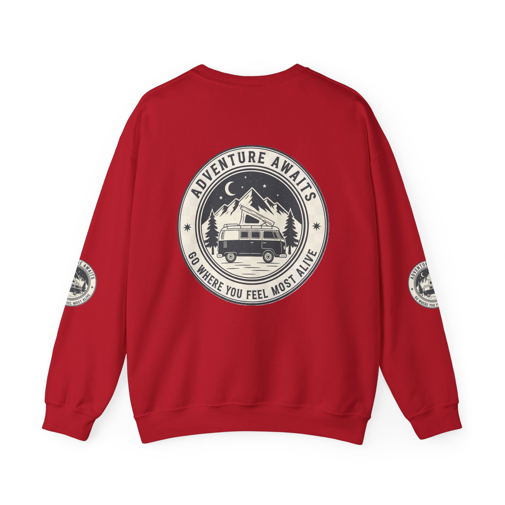 17042388064791098614_2048.jpeg Crewneck Sweatshirt — "Adventure Awaits-Go Where You Feel Most Alive" (Font + Back + Sleaves printed) Vintage Camper Van Outdoor Graphic
