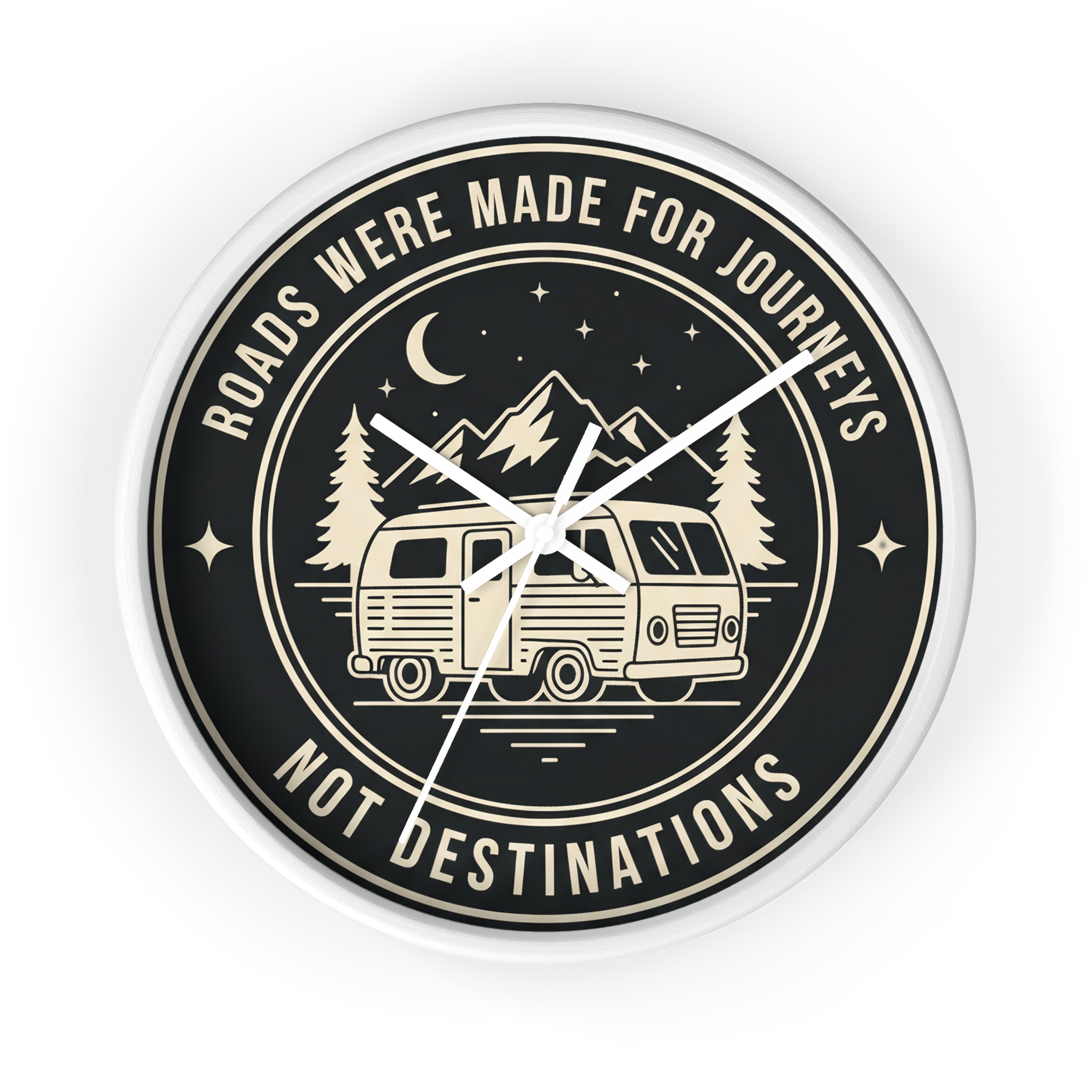 Wall Clock — "ROAD WHERE MADE FOR JOURNEYS-NOT DESTINATIONS" Camper Van Mountain Travel Timepiece