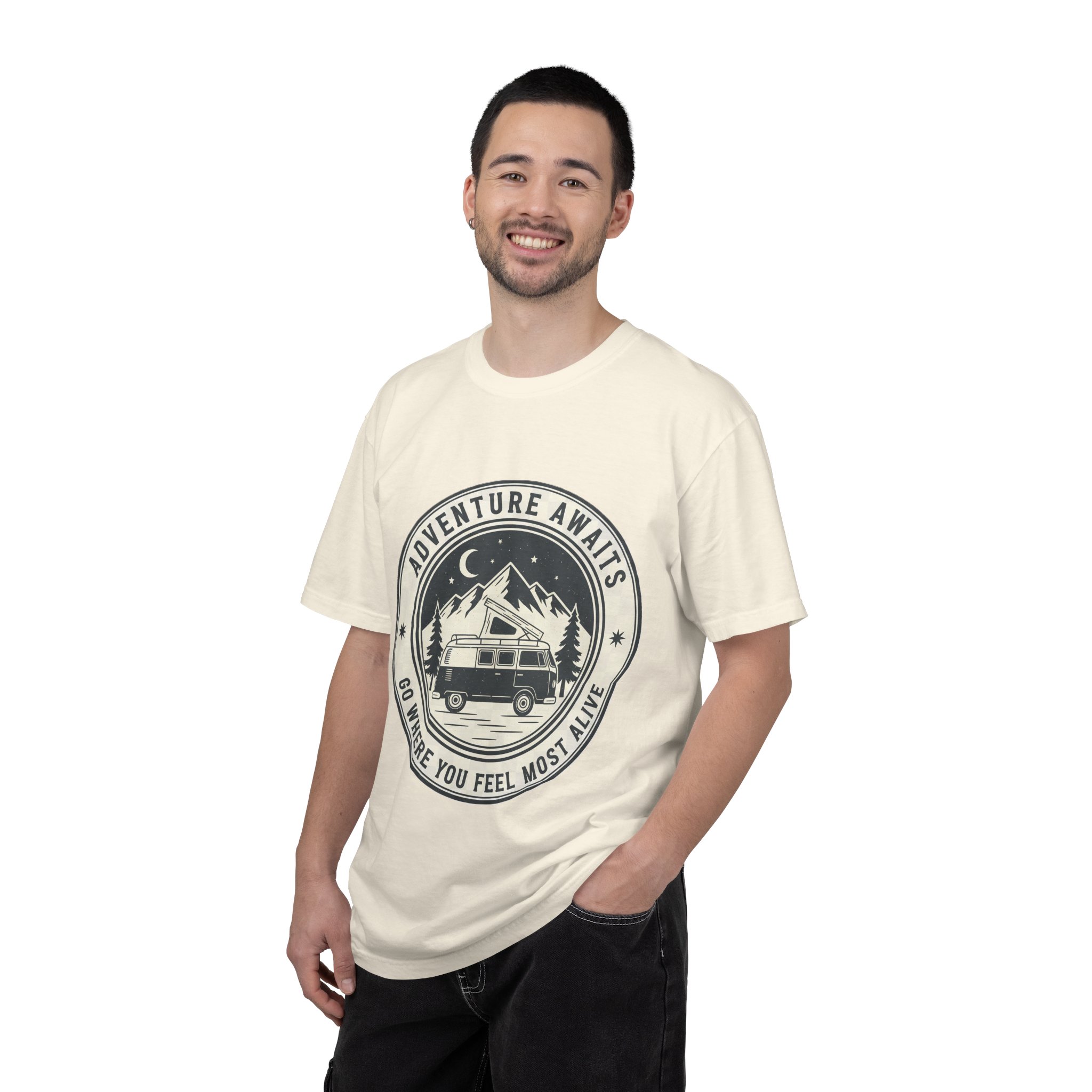 T-Shirt — "Adventure Awaits-Go Where You Feel Most Alive" (Only Front Printed) Outdoor Travel Tee