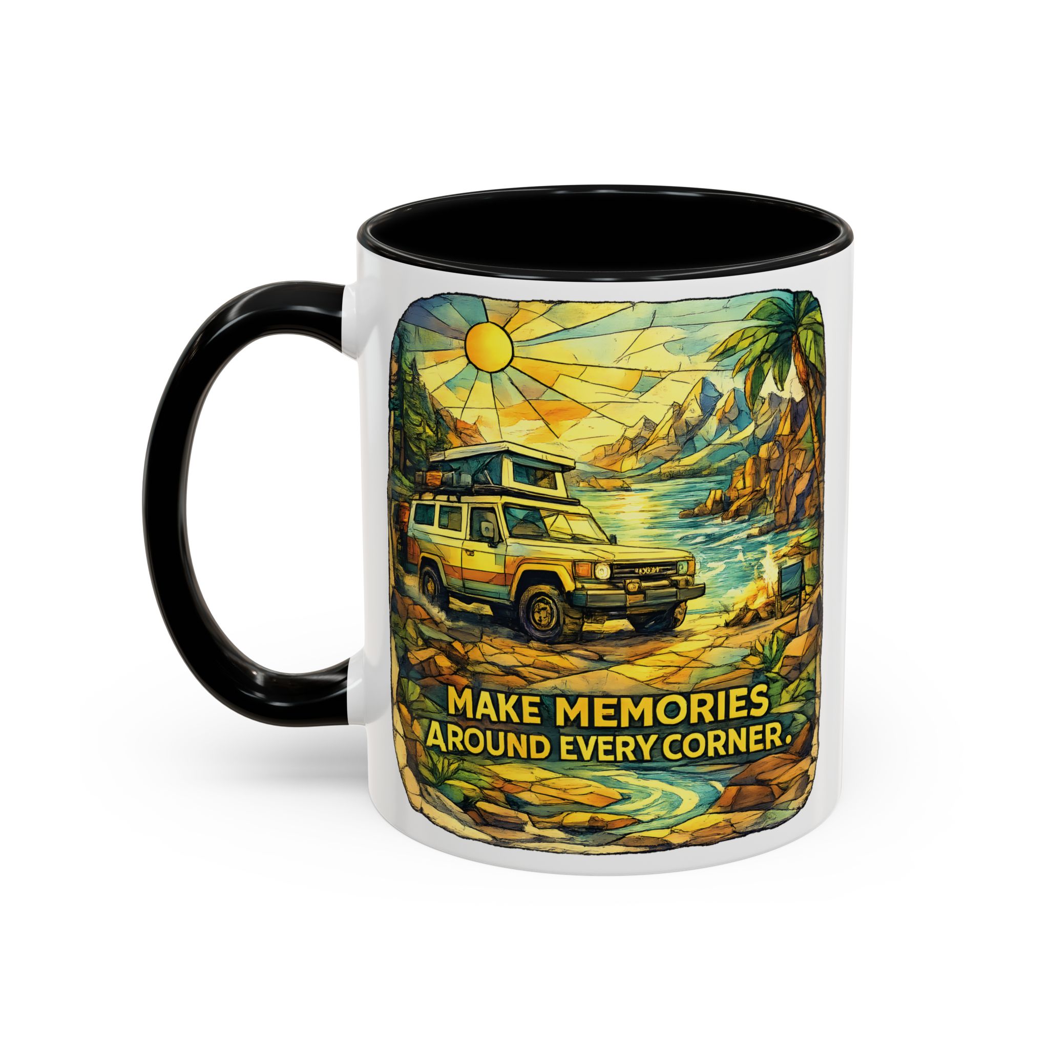 Accent Coffee Mug (11, 15oz) — "Make Memories Around Every Corner" Design Cubic-Line