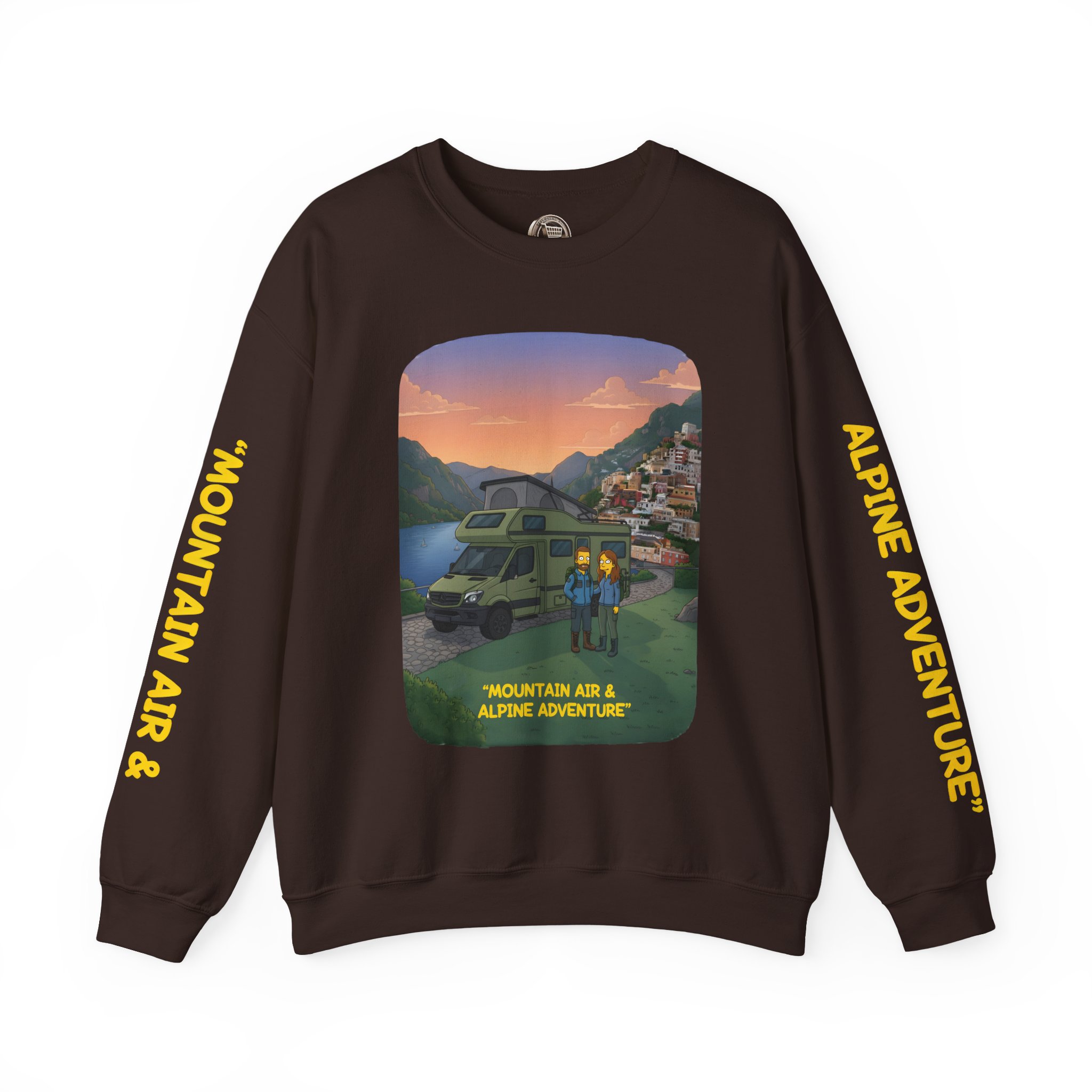 Unisex Heavy Blend™ Crewneck Sweatshirt — "Mountain Air And Alpine Adventure"" Design Sitcom-Line