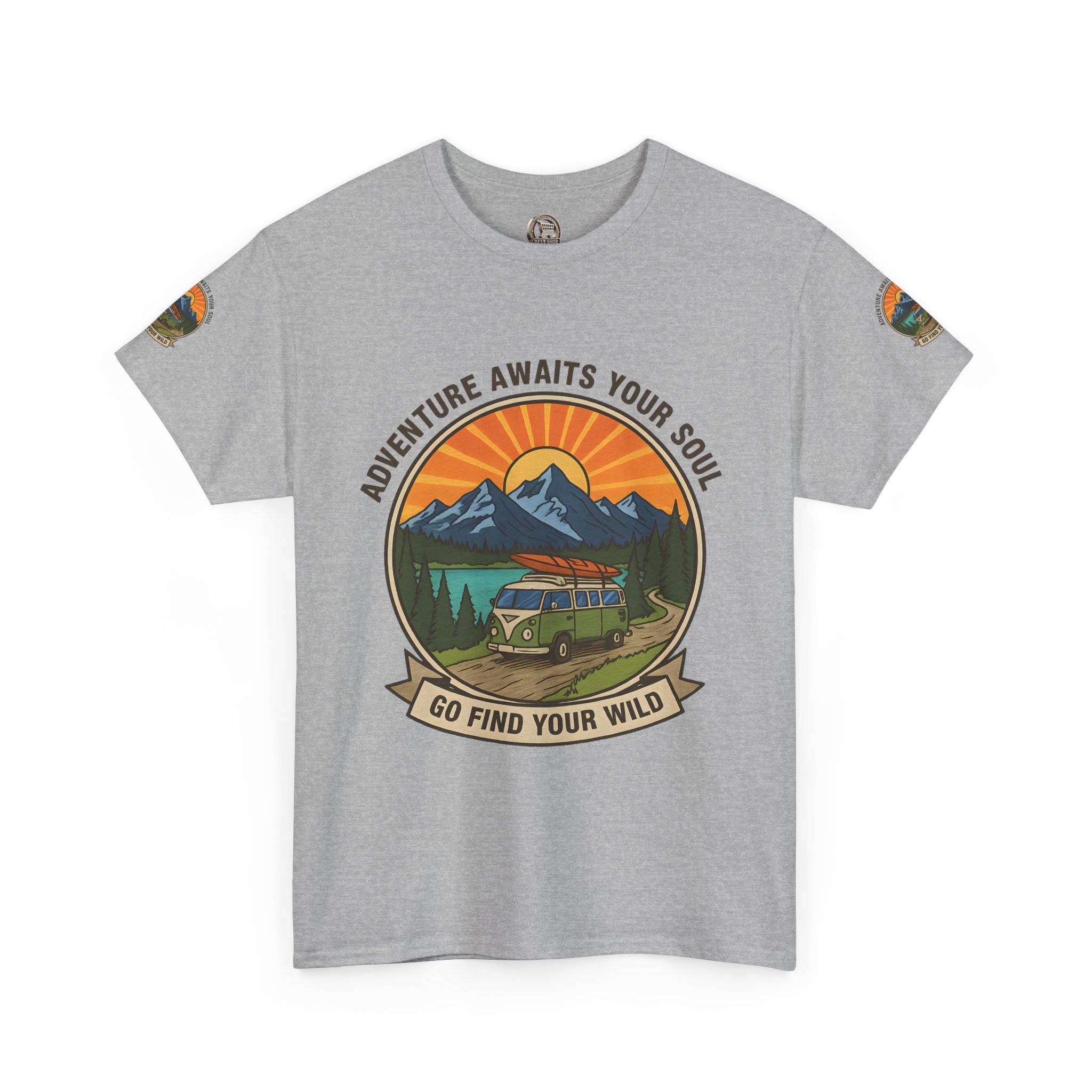 Unisex Heavy Cotton Tee — “Adventure Awaits Your Soul: Go Find Your Wild” Van & Mountain Graphic