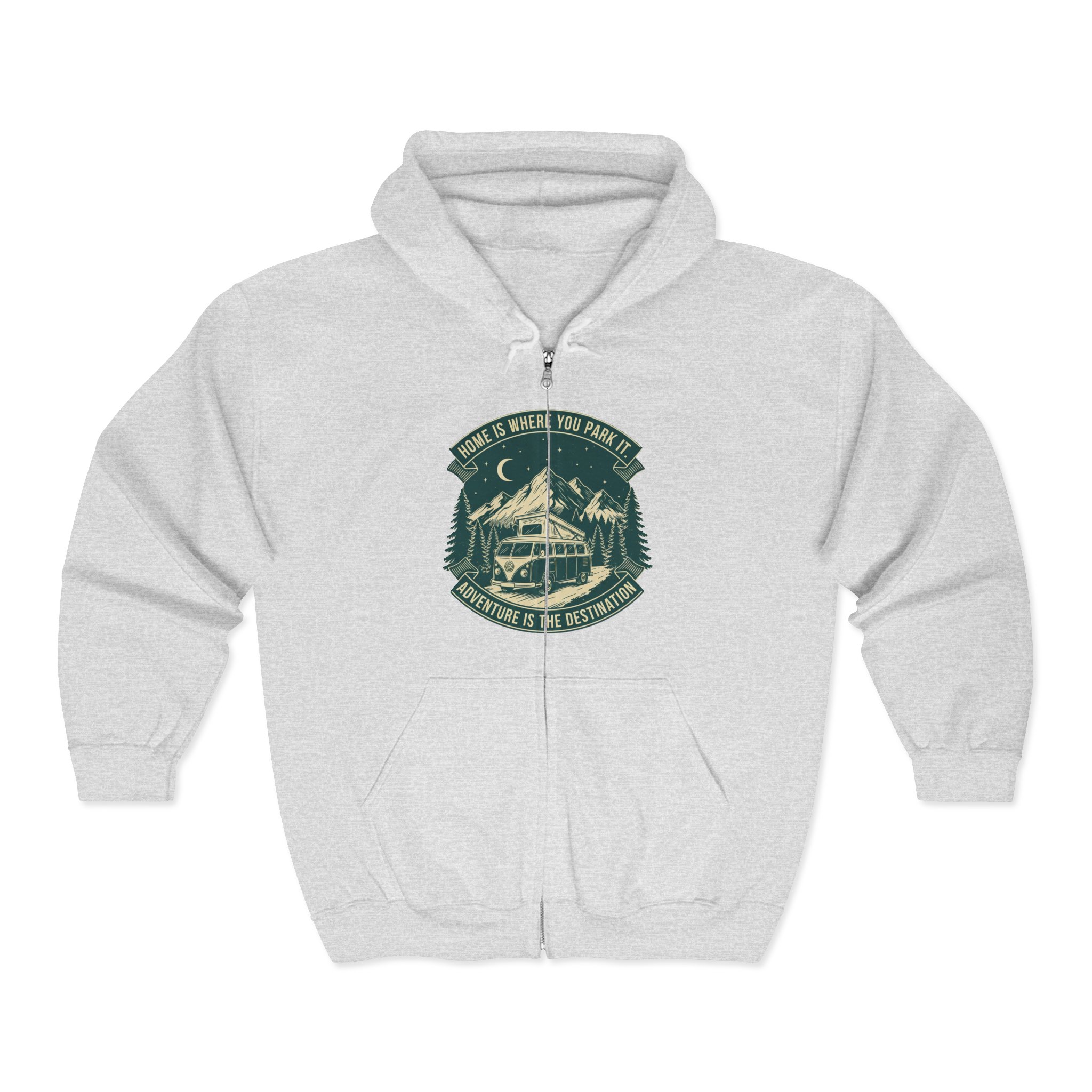 1709786246813590896_2048.jpeg Zip Hoodie — "Home Is Where You Park It-Adventure is the destination"(Front + Back Printed) Camper Van Adventure Zip-Up