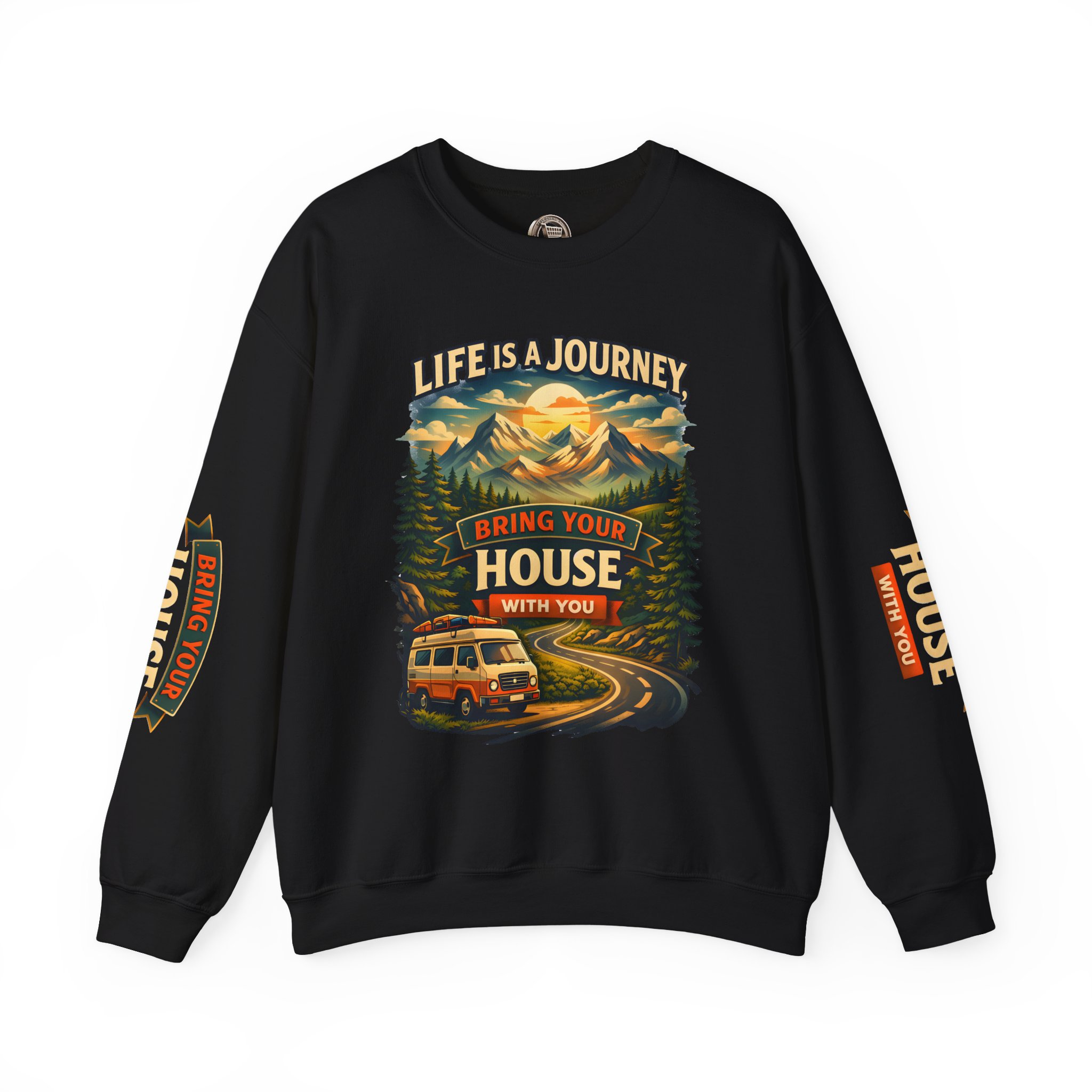 Unisex Heavy Blend™ Crewneck Sweatshirt — "Live Is A Journey-Bring Your House With You" Design Scenic-Line