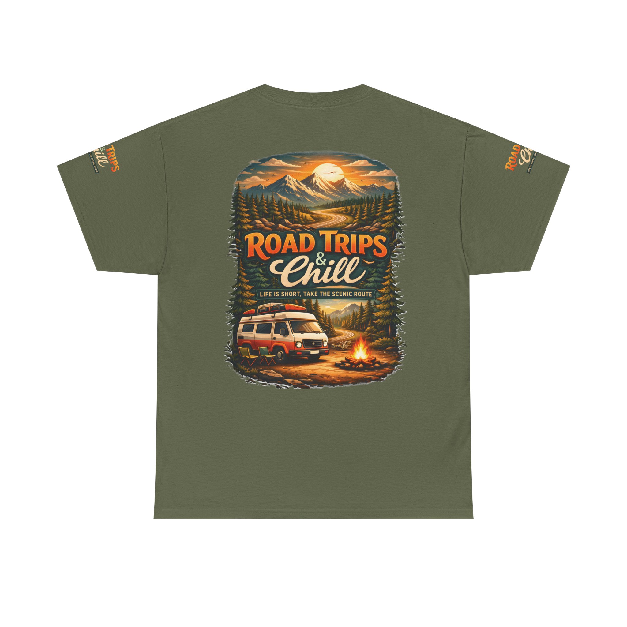 Unisex Heavy Cotton Tee — "Road Trips & Chill" Design Scenic-Line