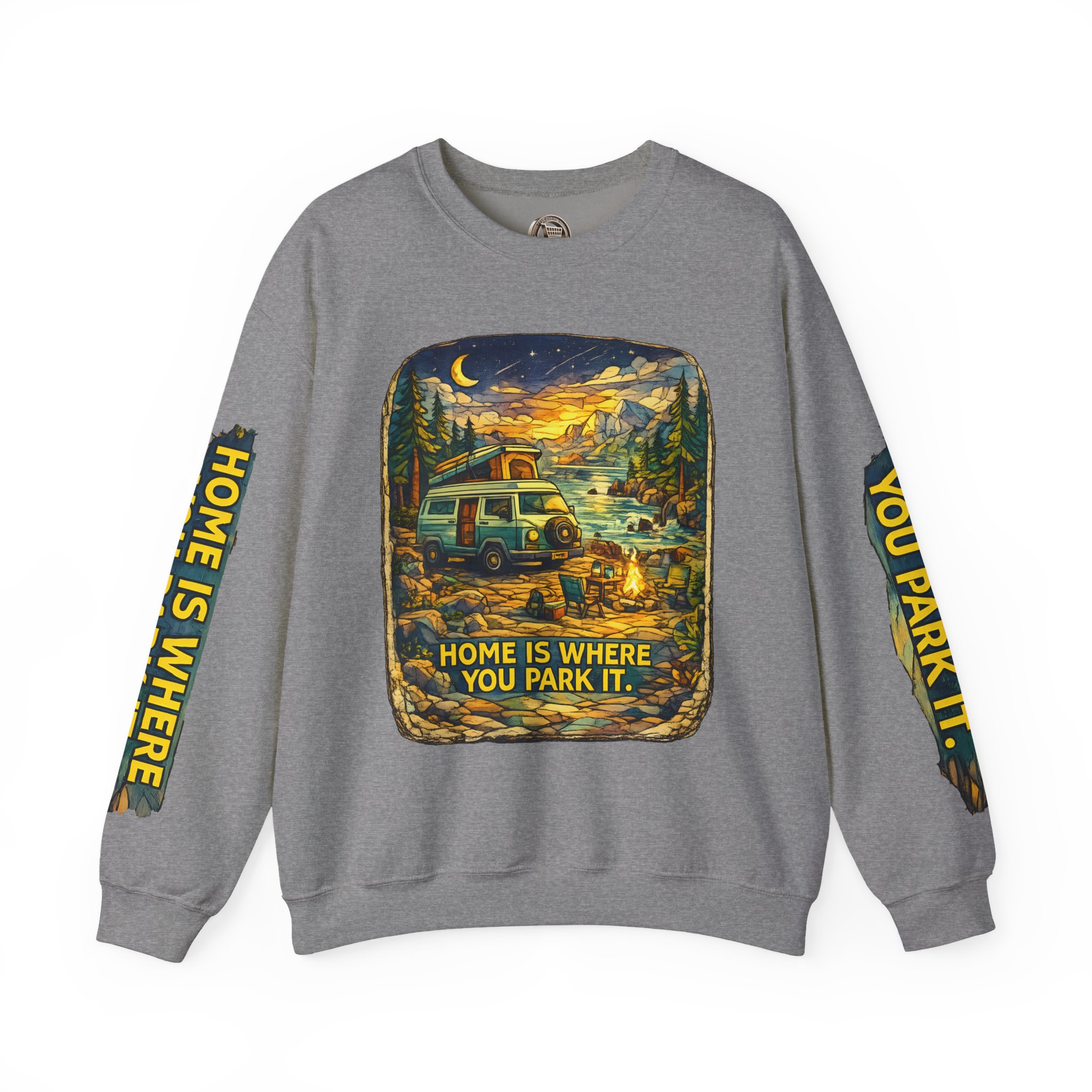 Unisex Heavy Blend™ Crewneck Sweatshirt — "Home Is Where You Park It" Design Cubic-Line