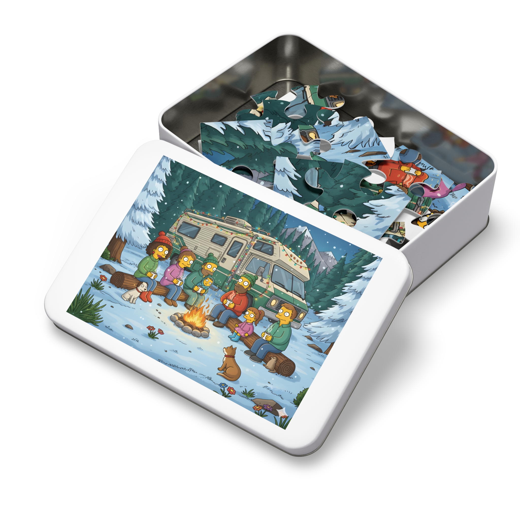 Jigsaw Puzzle with Tin — Cozy RV Winter Scene with Campfire