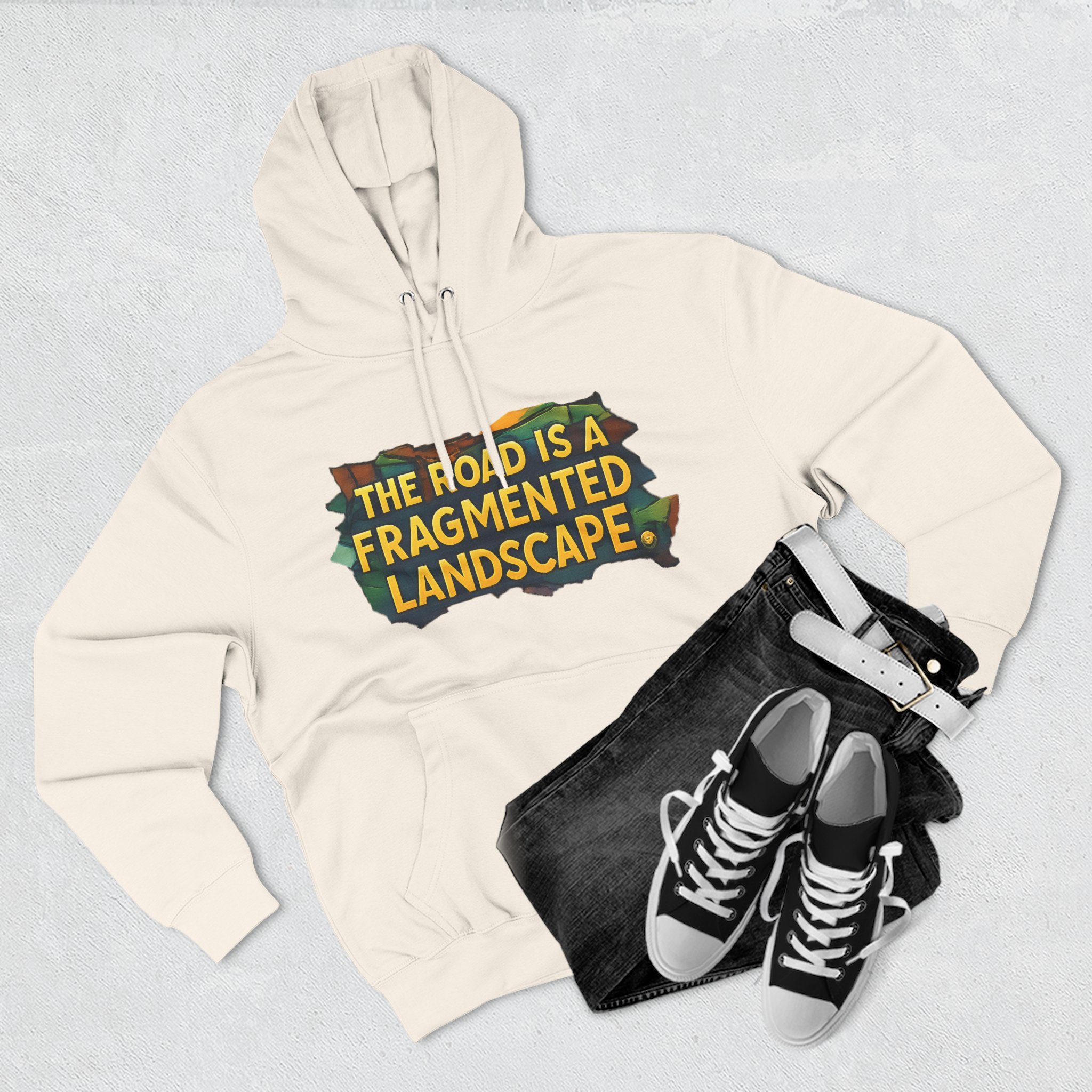 Three-Panel Fleece Hoodie - "The Road Is A Fragmented Landscape" Design Cubic-Line