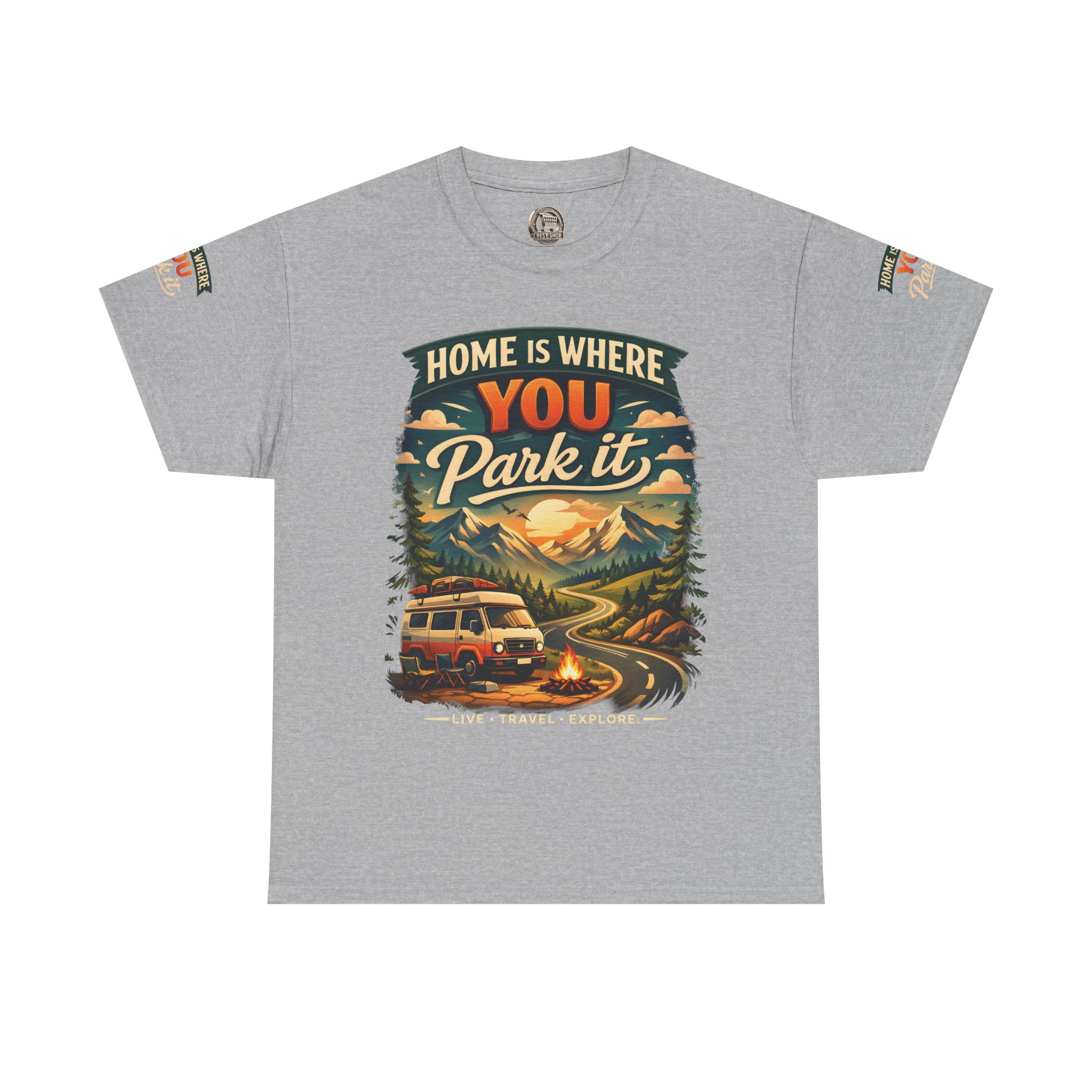 Unisex Heavy Cotton Tee — "Hom Is Where You Park It" Design Scenic-Line