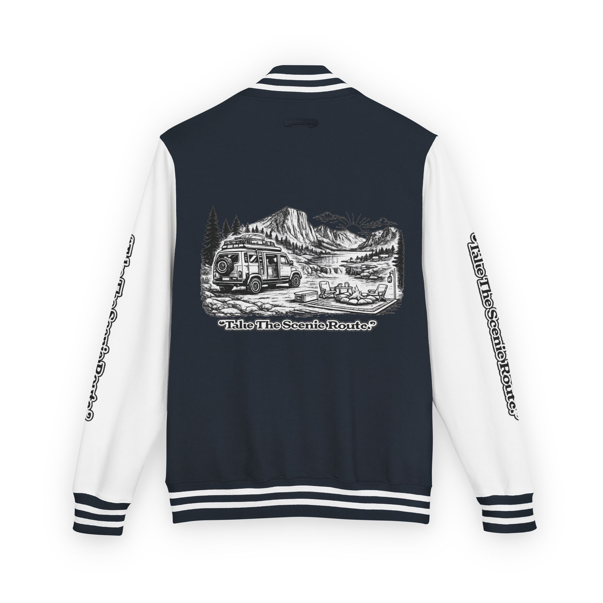 Unisex Heavyweight Letterman Jacket — "Take The Scenic Route" Travel Varsity Coat