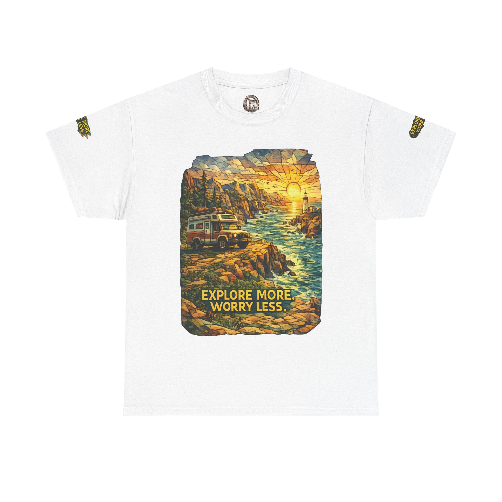 Unisex Heavy Cotton Tee — "Explore More Worry Less" Design Cubic-Line