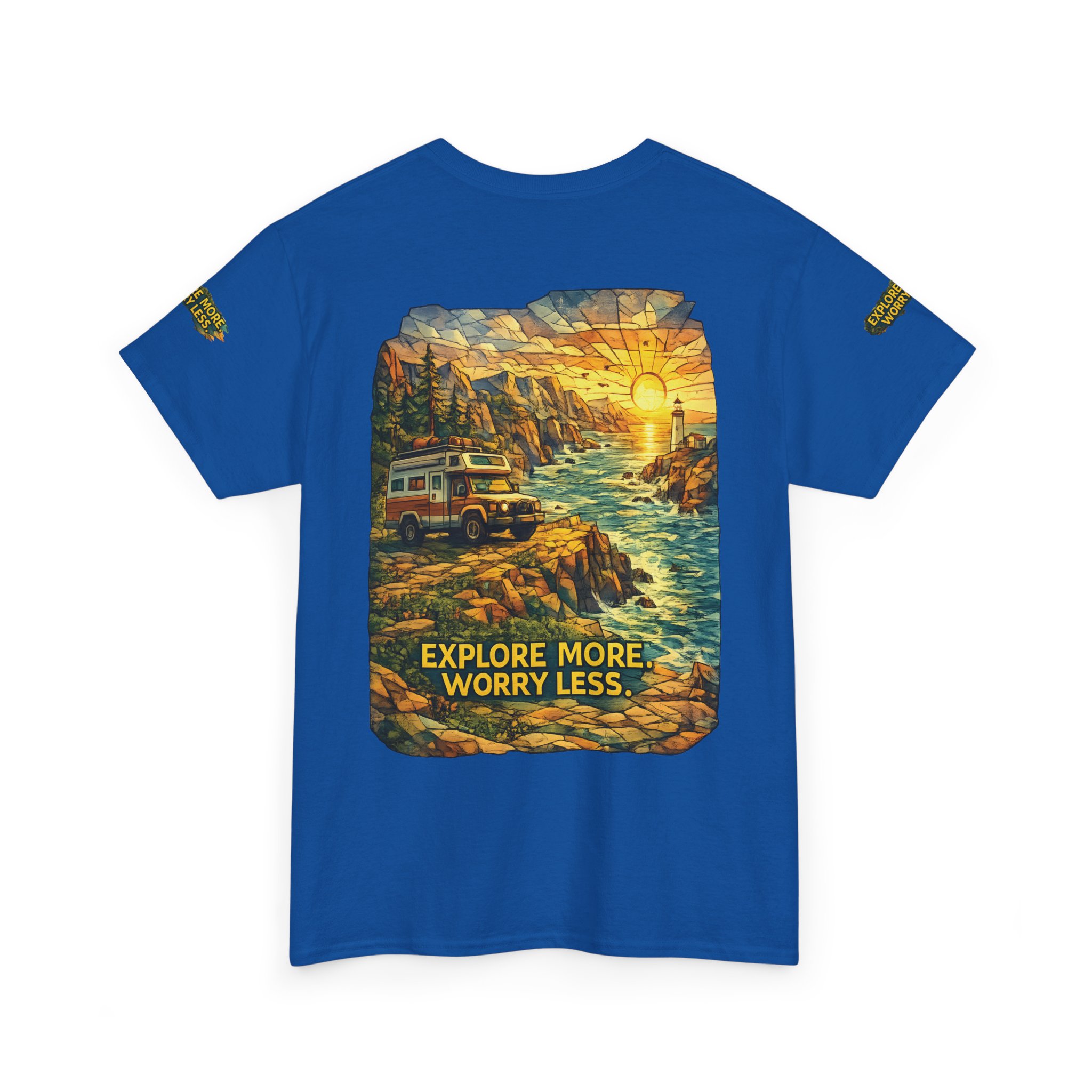 Unisex Heavy Cotton Tee — "Explore More Worry Less" Design Cubic-Line