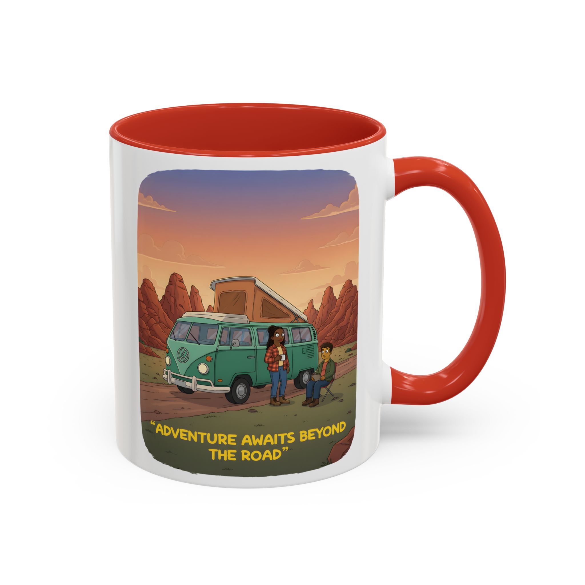 Accent Coffee Mug (11, 15oz) — "Adventure Awaits Beyond The Road" Design Sitcom-Line