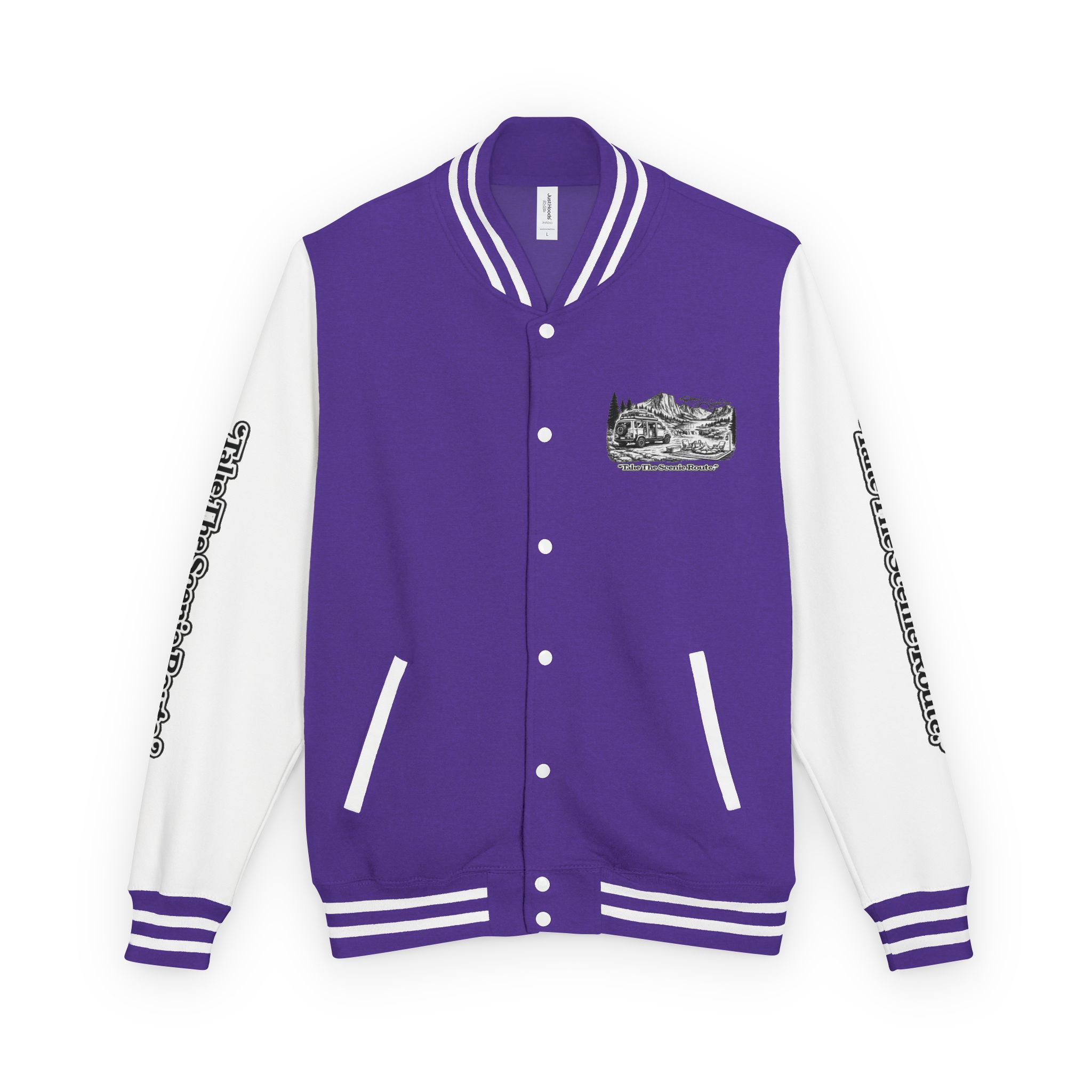 Unisex Heavyweight Letterman Jacket — "Take The Scenic Route" Travel Varsity Coat