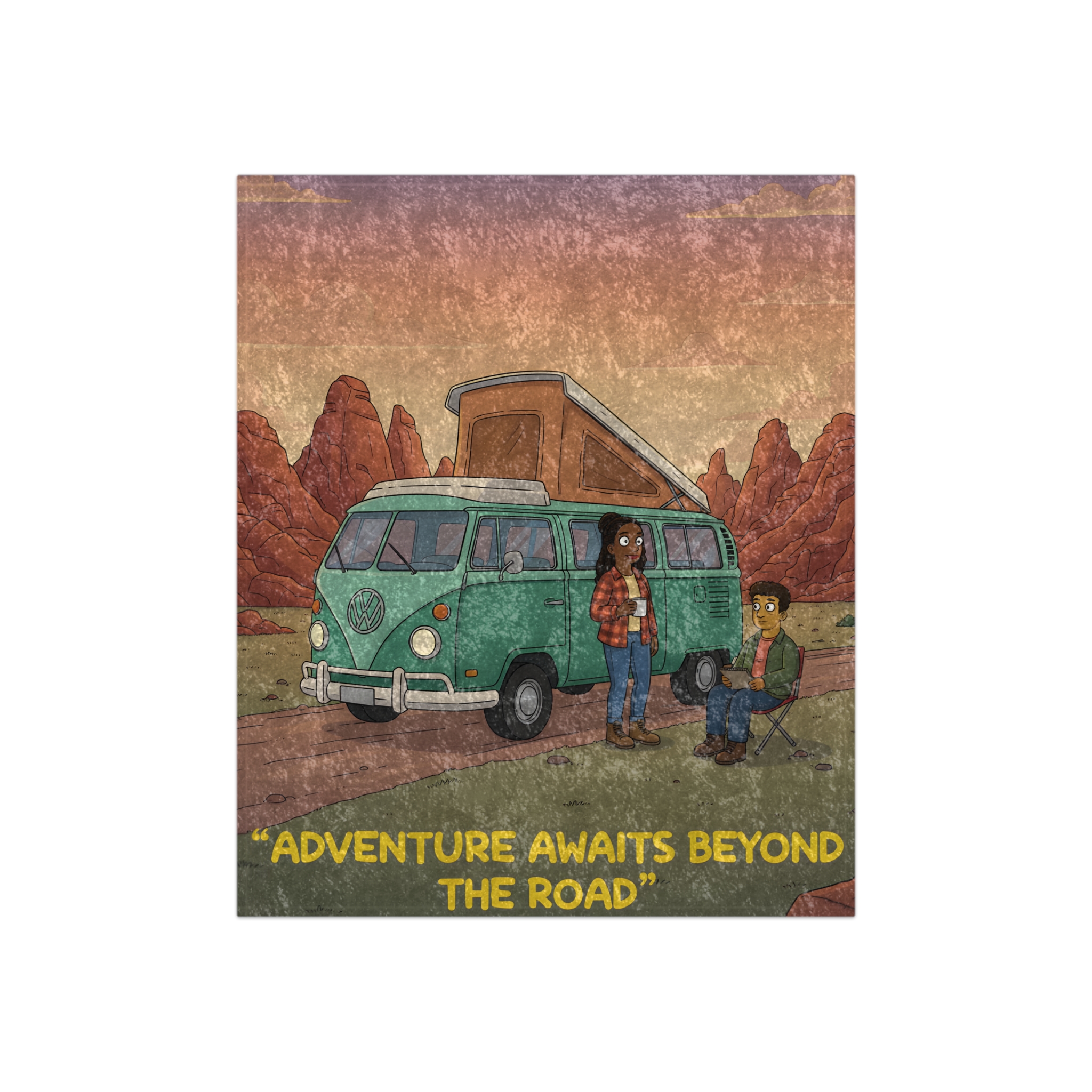 Crushed Velvet Blanket —"Adventure Awaits Beyond The Road" Design Sitcom-Line (Campervan)