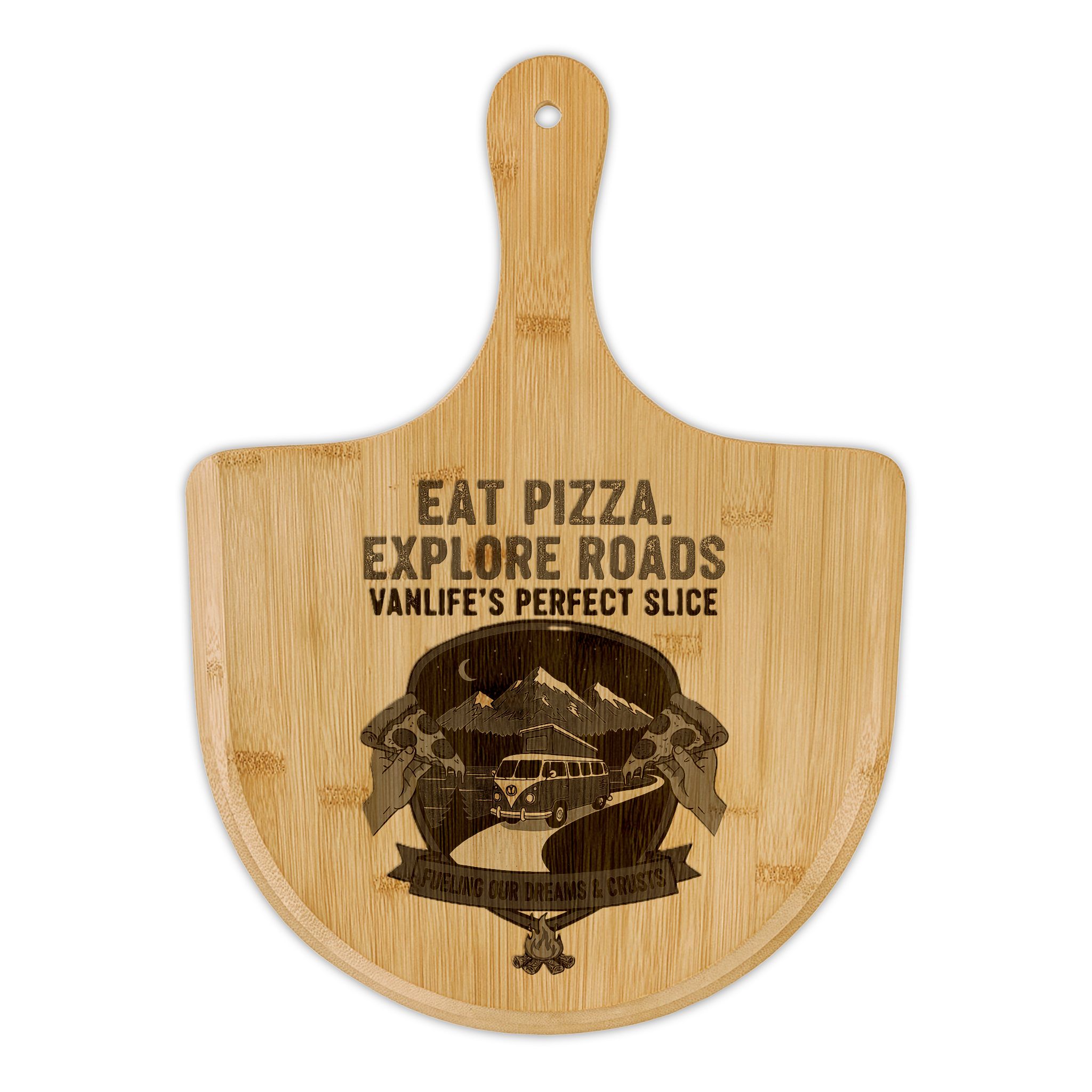 Bamboo Pizza Peel – "Eat Pizza, Explore Roads" Rustic Serving Board