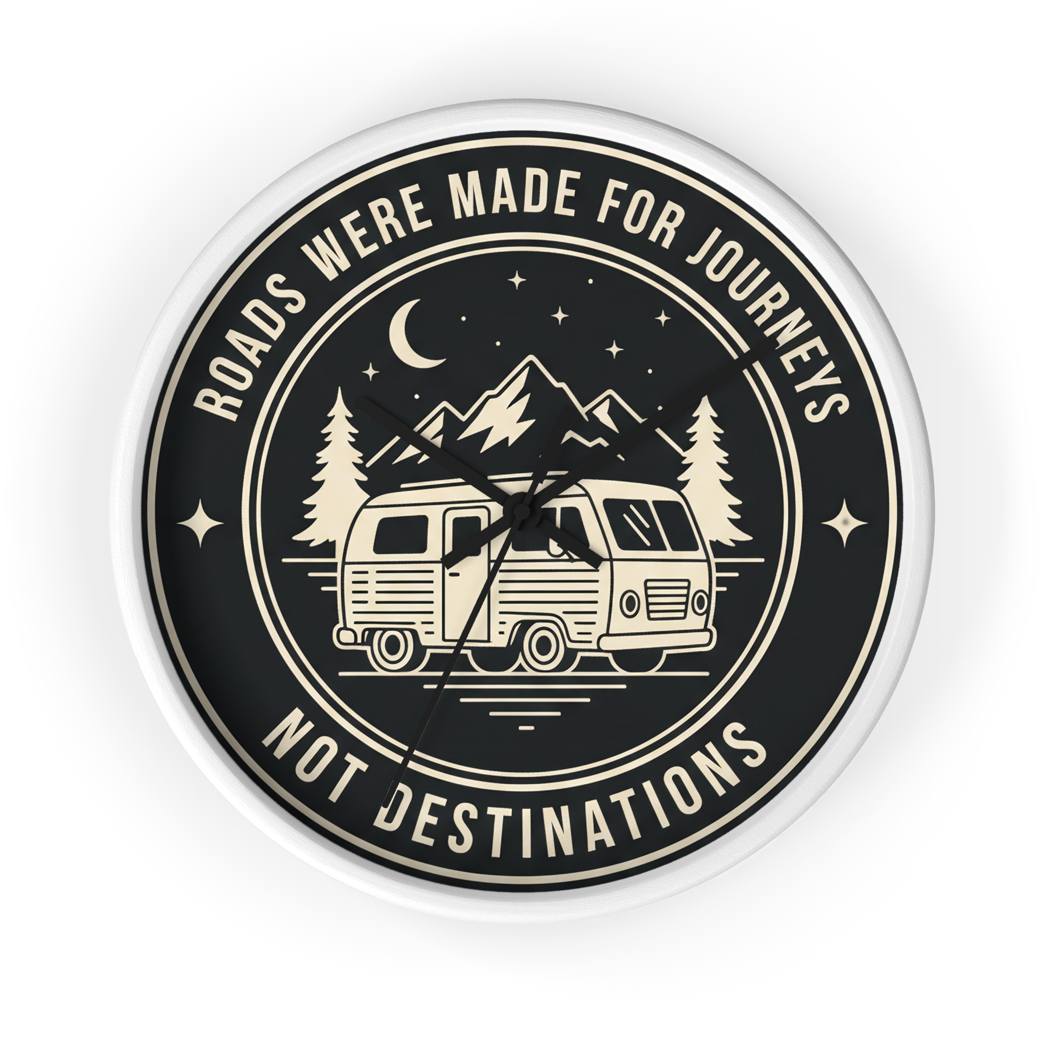 Wall Clock — "ROAD WHERE MADE FOR JOURNEYS-NOT DESTINATIONS" Camper Van Mountain Travel Timepiece