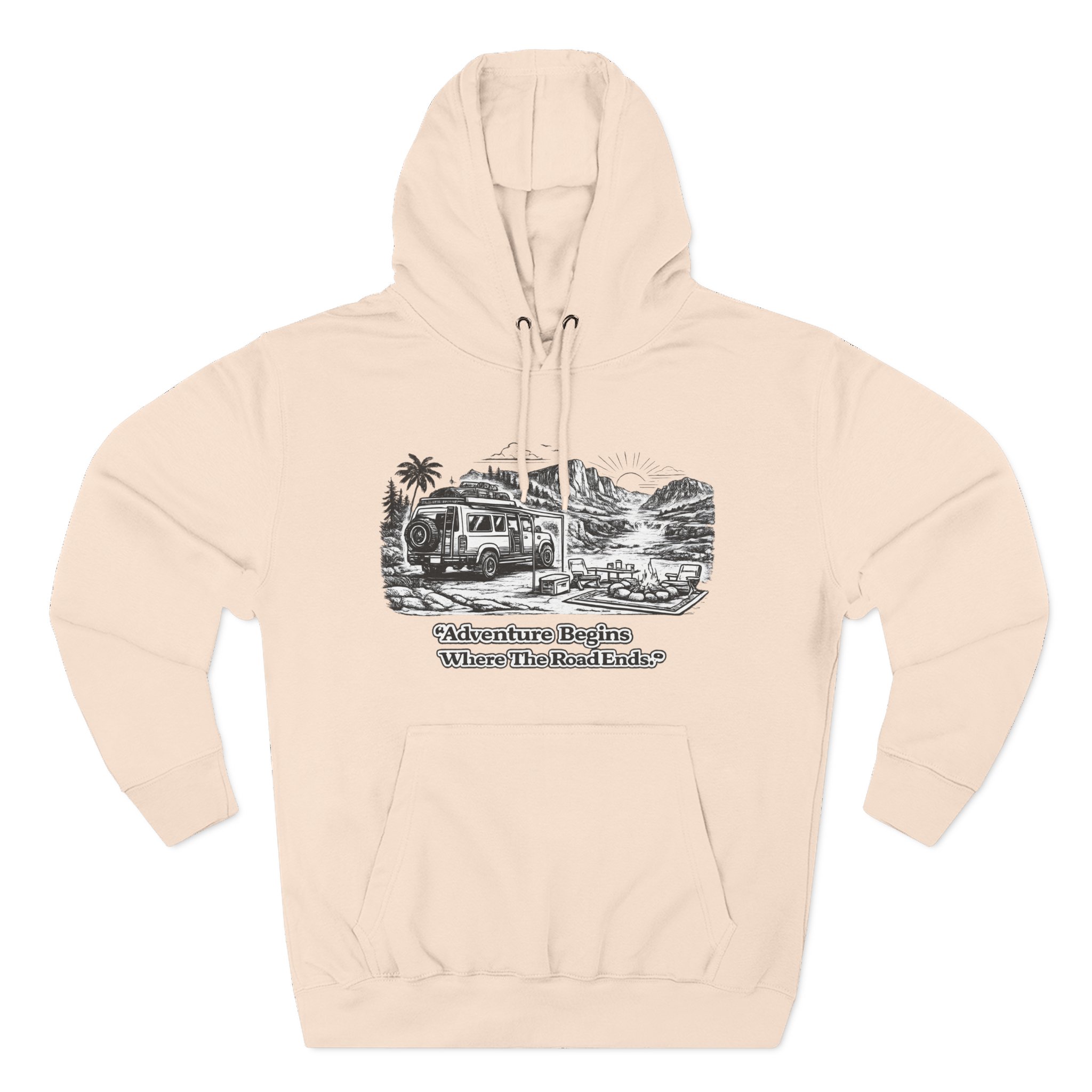 Three-Panel Fleece Hoodie - "Adventure Begins Where The Road Ends" Design Minimal-Line