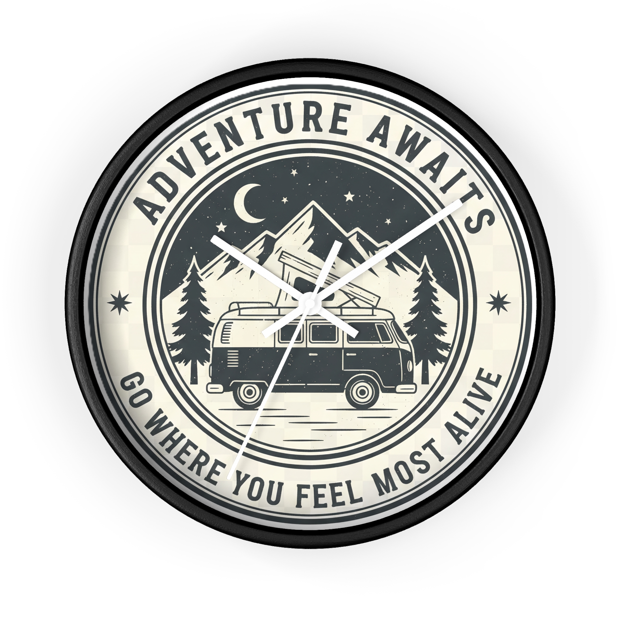 Wall Clock — "Adventure Awaits-Go Where You Feel Most Alive" Camper Van Mountain Travel Timepiece