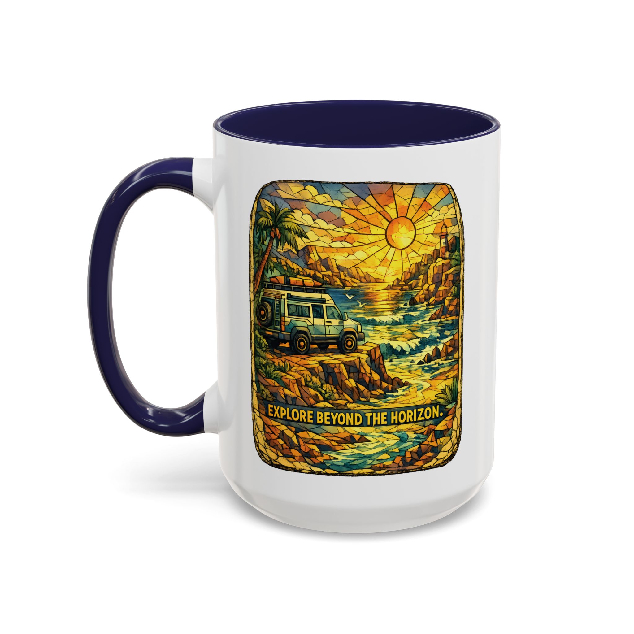Accent Coffee Mug (11, 15oz) — "Explore Beyond The Horizon" Design Cubic-Line