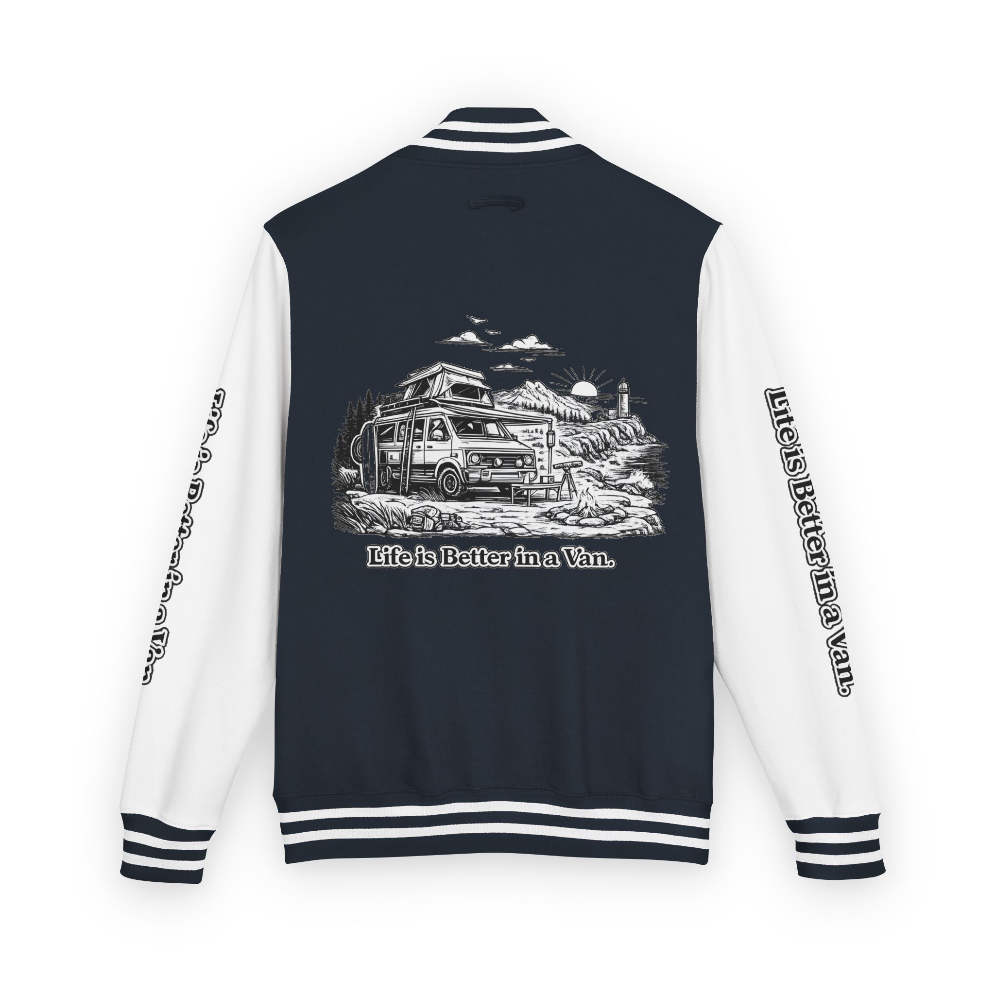 Unisex Heavyweight Letterman Jacket — "Life Is Better In A Van" Travel Varsity Coat