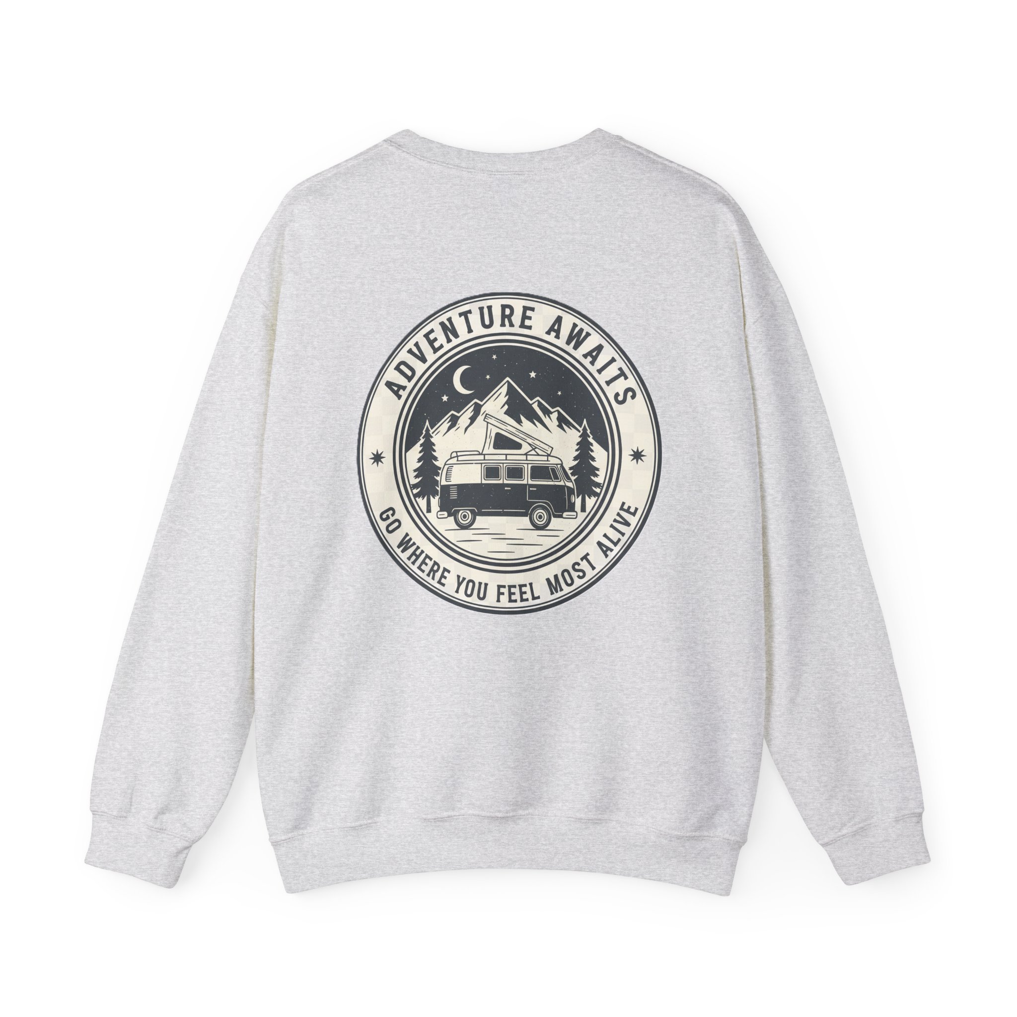 17215142749649734235_2048.jpeg Crewneck Sweatshirt — "Adventure Awaits-Go Where You Feel Most Alive" (Only Font + Back printed) Vintage Camper Van Outdoor Graphic