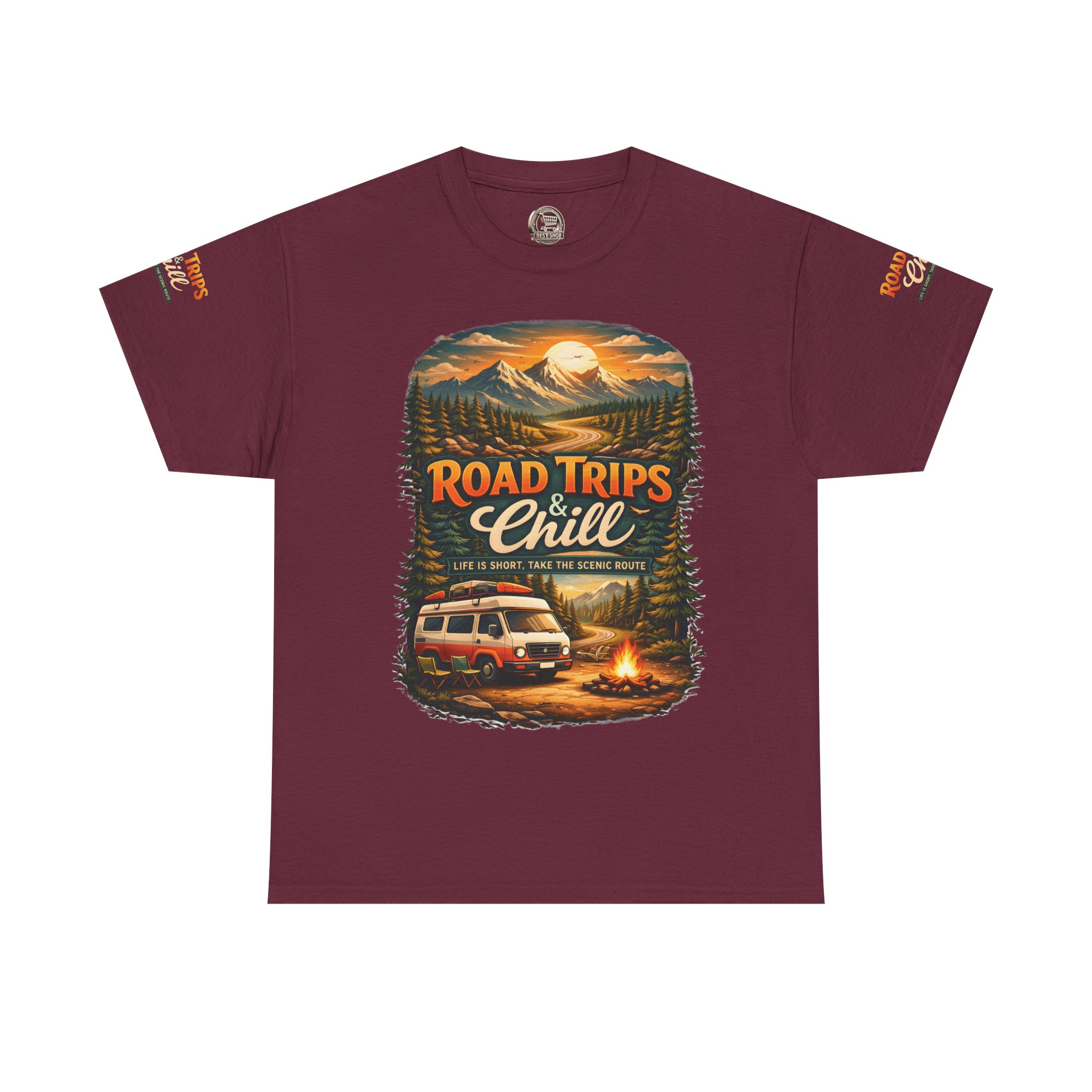 Unisex Heavy Cotton Tee — "Road Trips & Chill" Design Scenic-Line