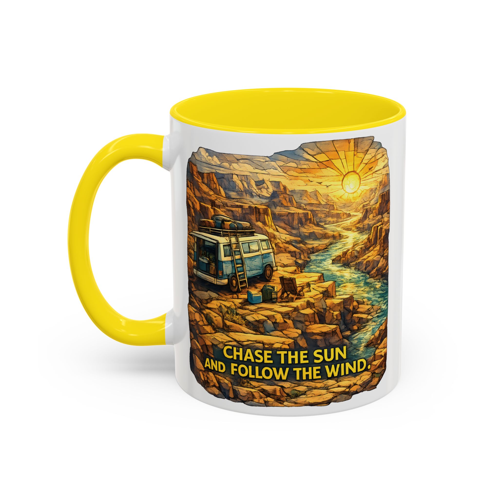 Accent Coffee Mug (11, 15oz) — "Chase The Sun And Follow The Wind" Design Cubic-Line