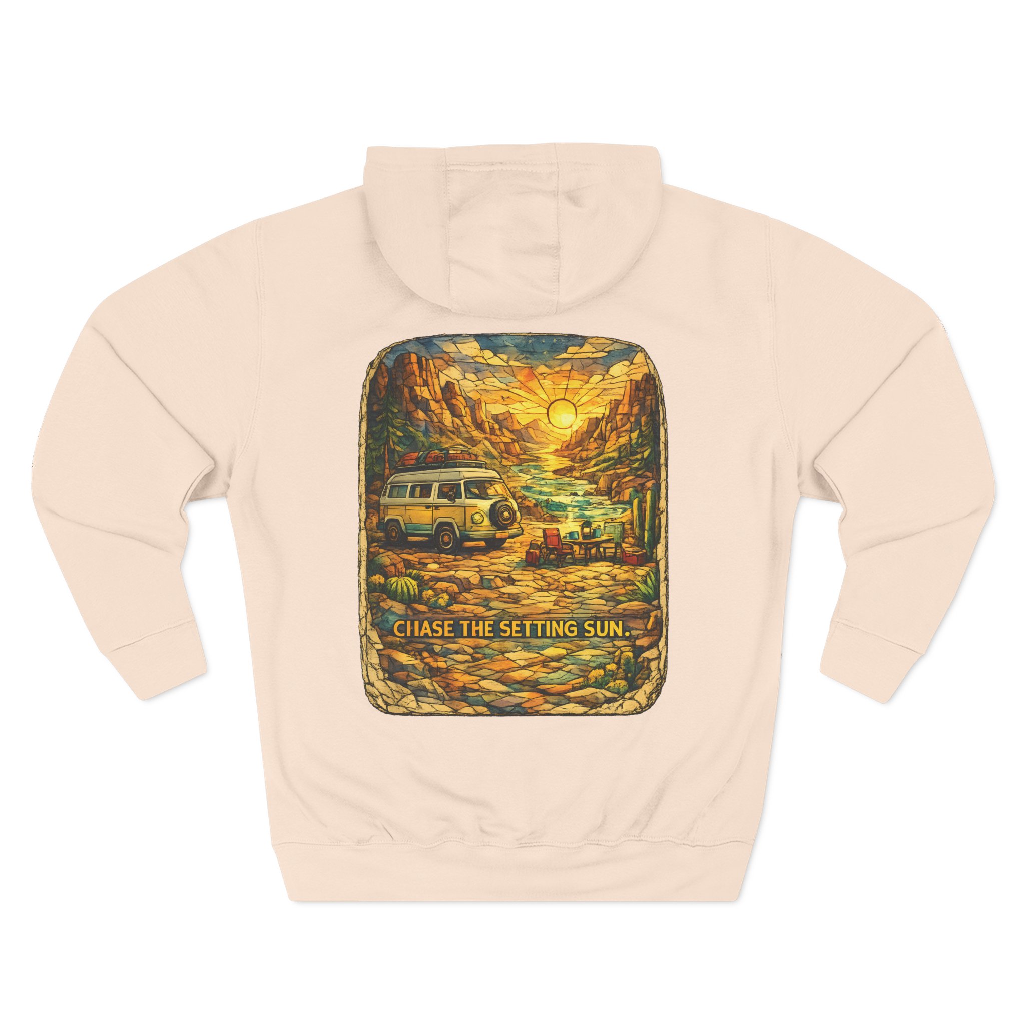 Three-Panel Fleece Hoodie - "Chase The Settings Sun" Design Cubic-Line