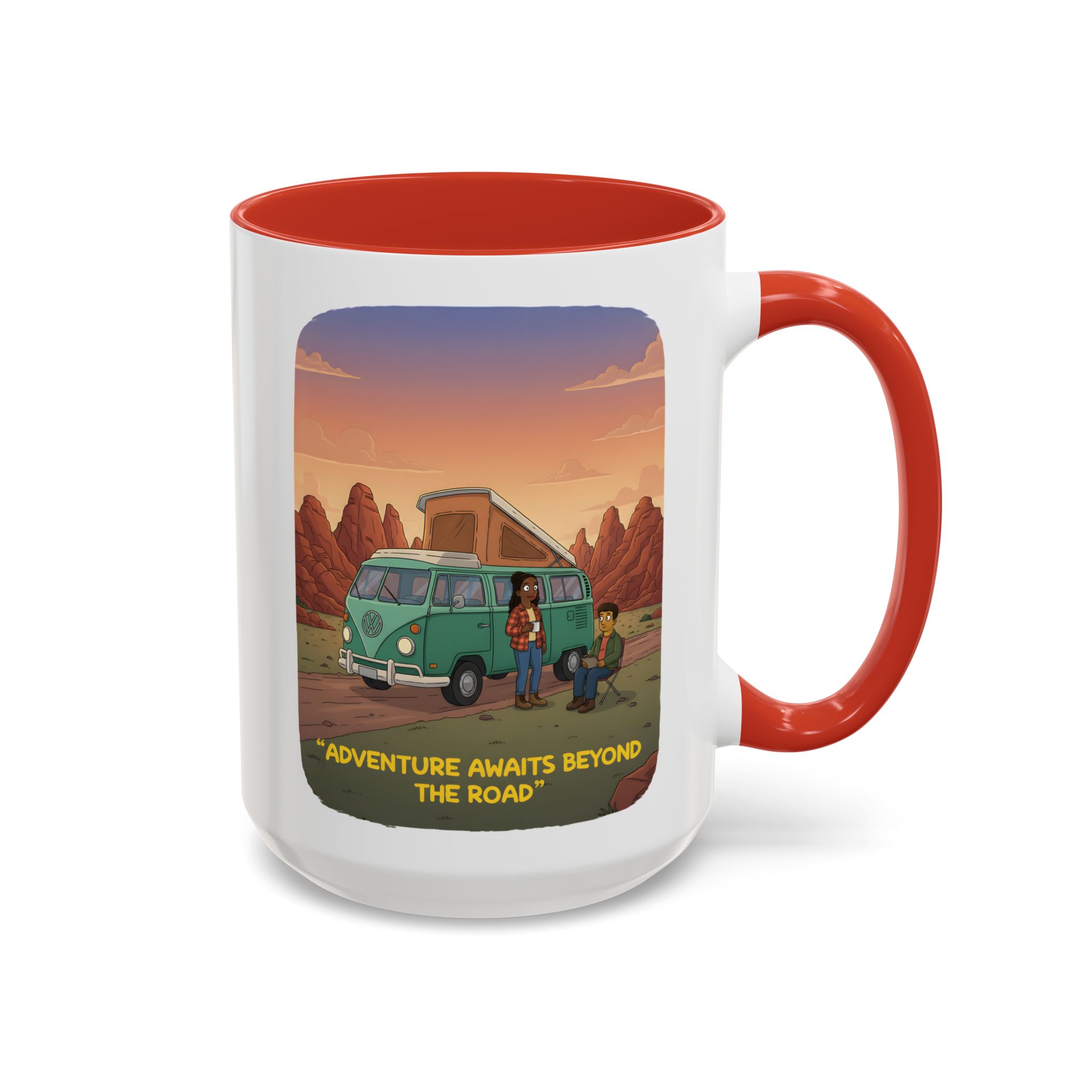 Accent Coffee Mug (11, 15oz) — "Adventure Awaits Beyond The Road" Design Sitcom-Line