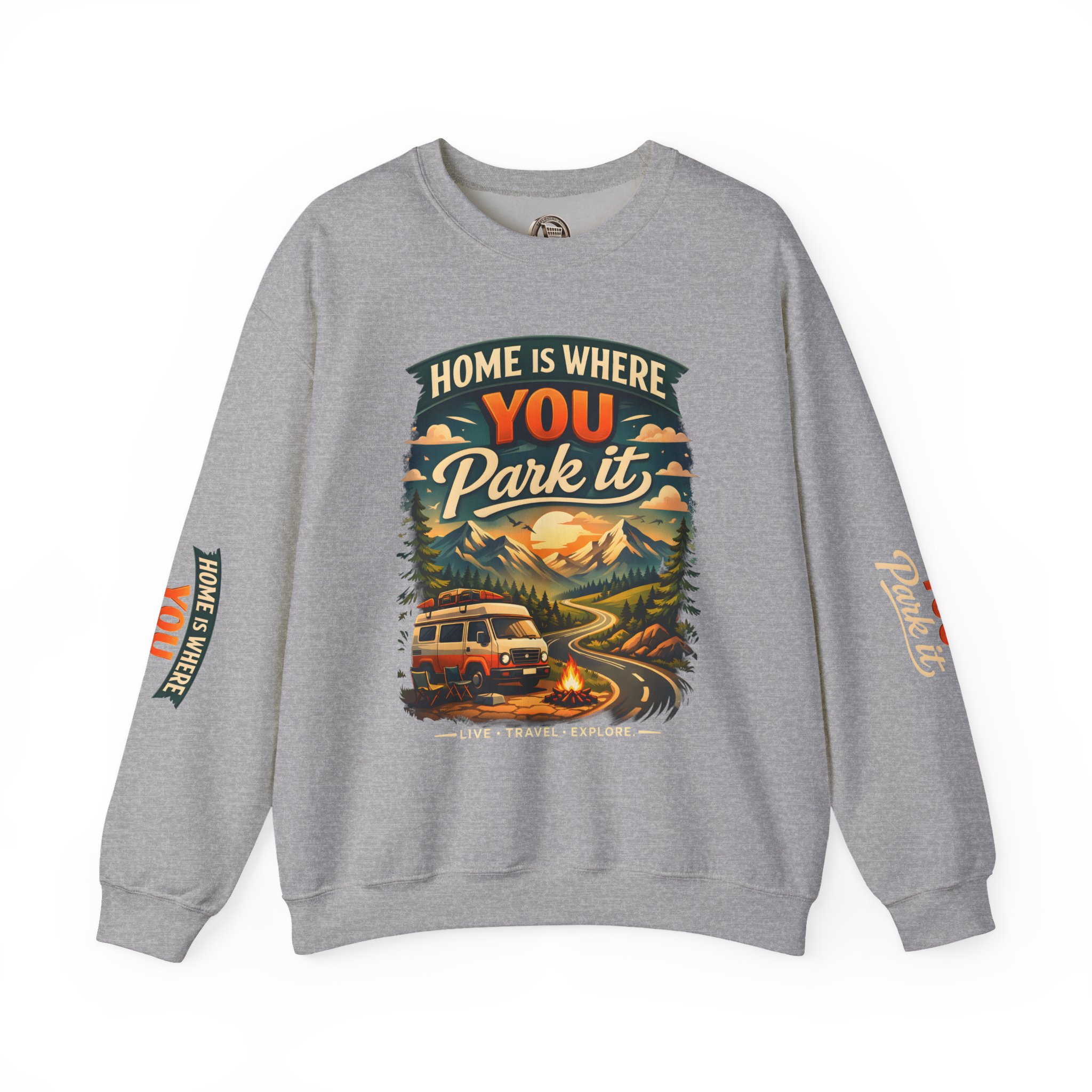 Unisex Heavy Blend™ Crewneck Sweatshirt — "Home Is Where You Park It" Design Scenic-Line