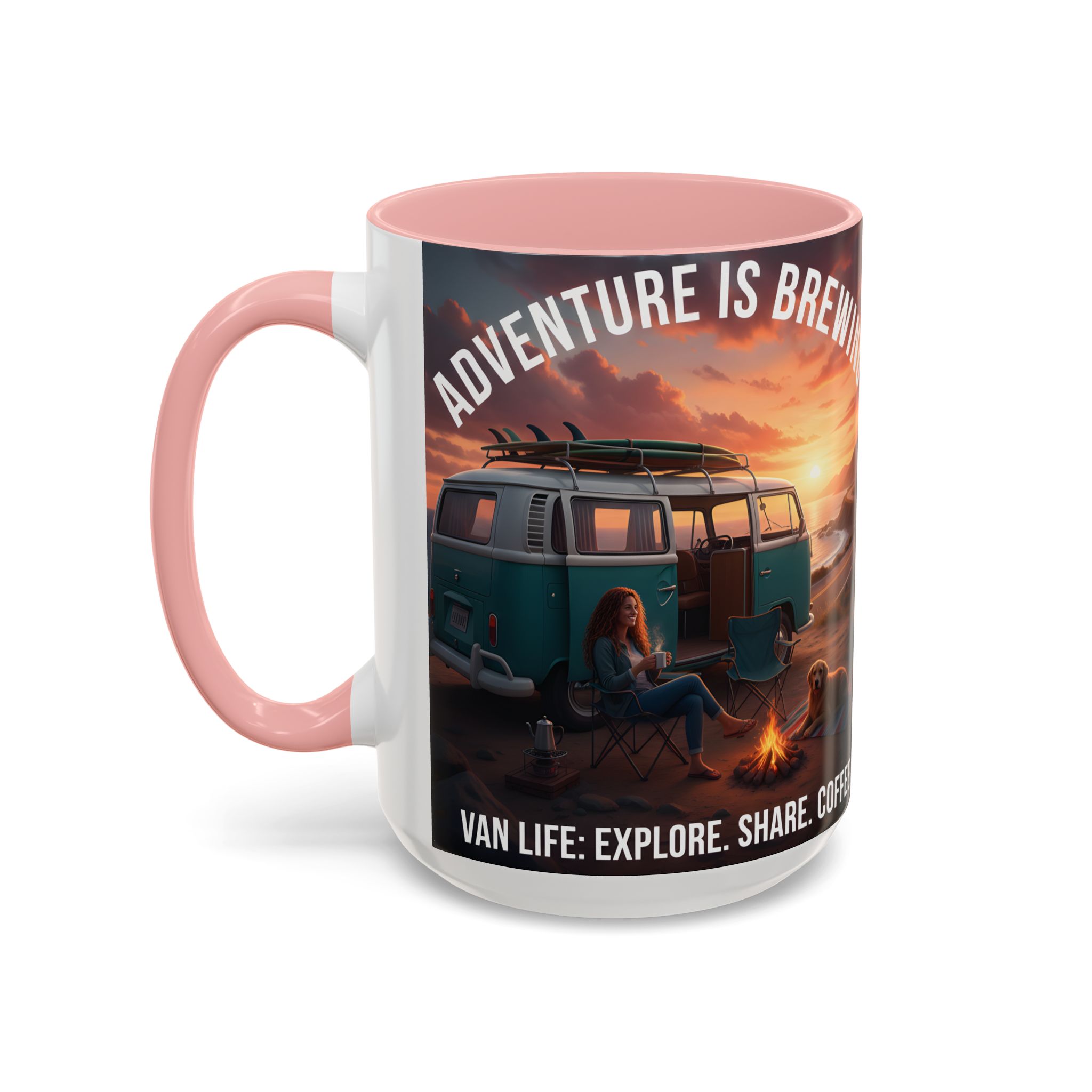 Accent Coffee Mug (11, 15oz) — "Adventure is brewing"