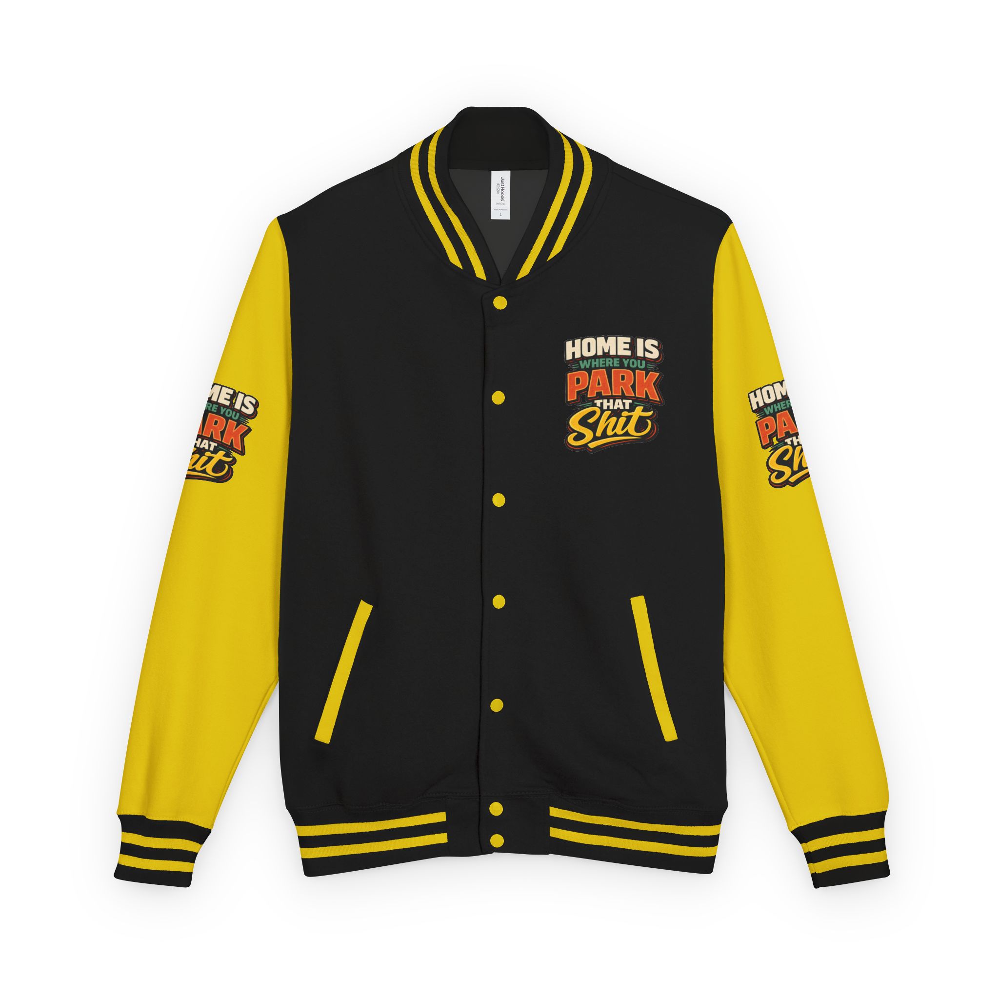 17251323230962764279_2048-2.jpeg Unisex Heavyweight Letterman Jacket — "Home Is Where You Park That Shit" Design F**K-Line
