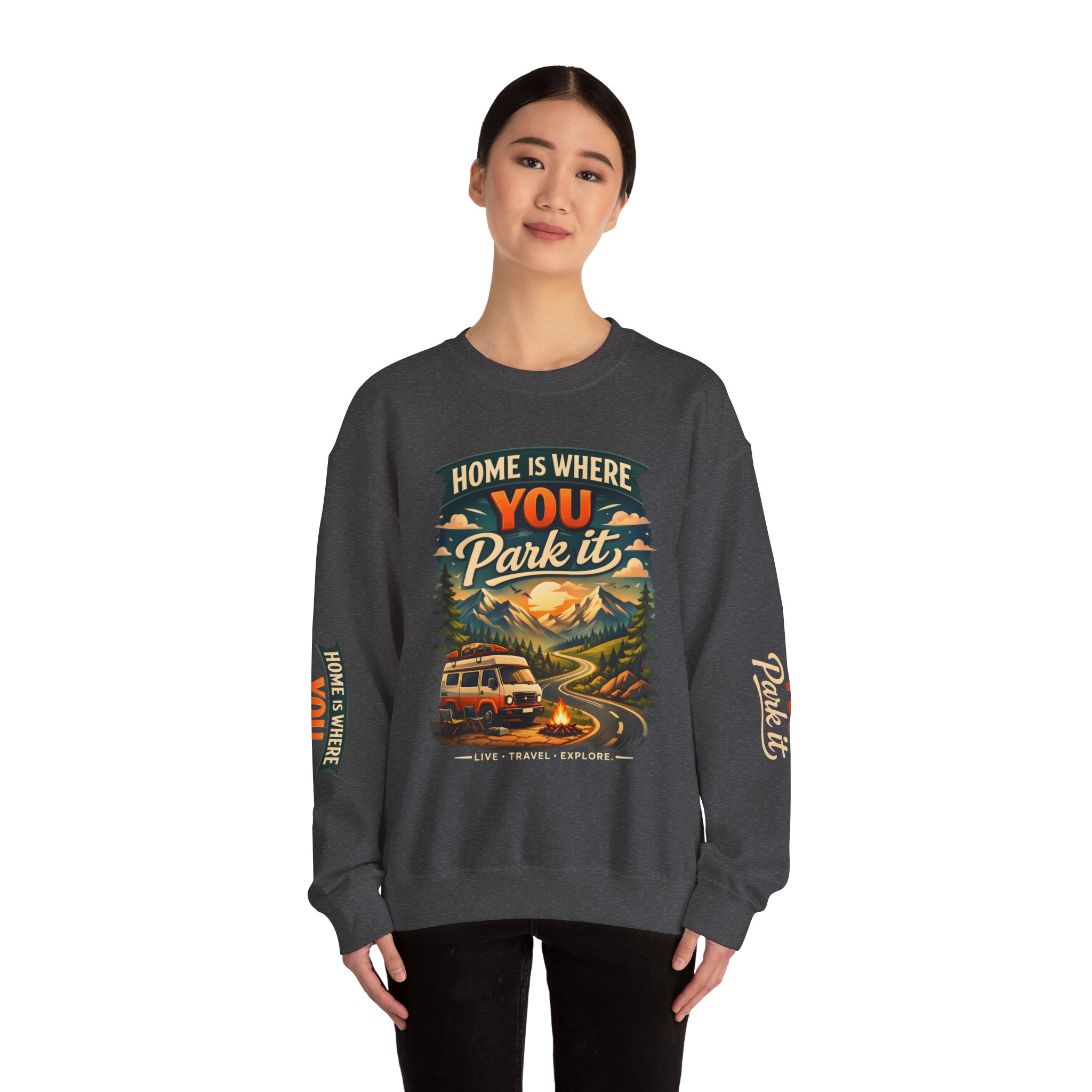 Unisex Heavy Blend™ Crewneck Sweatshirt — "Home Is Where You Park It" Design Scenic-Line