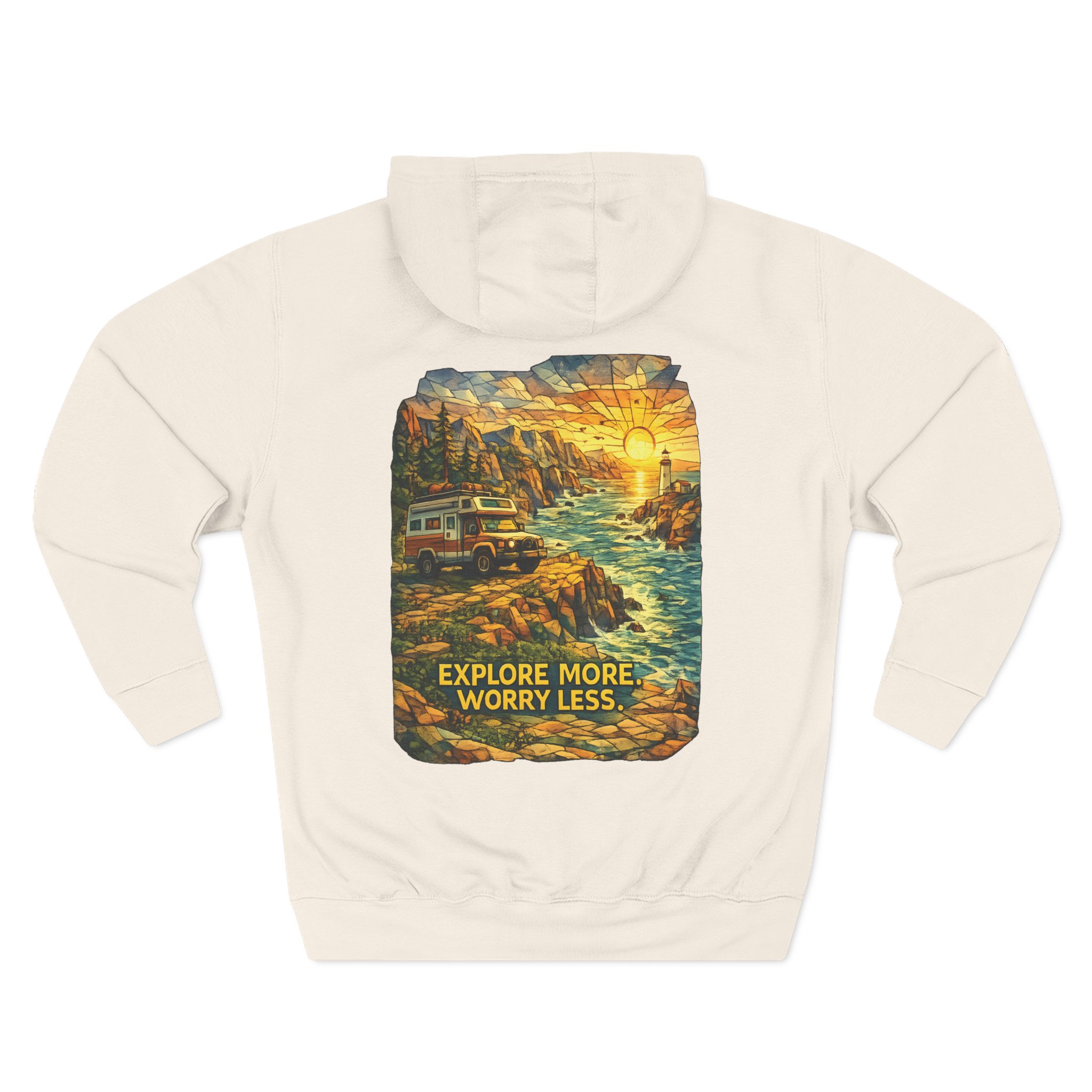 17280848059671632961_2048.jpeg Three-Panel Fleece Hoodie - "Explore More Worry Less" Design Cubic-Line