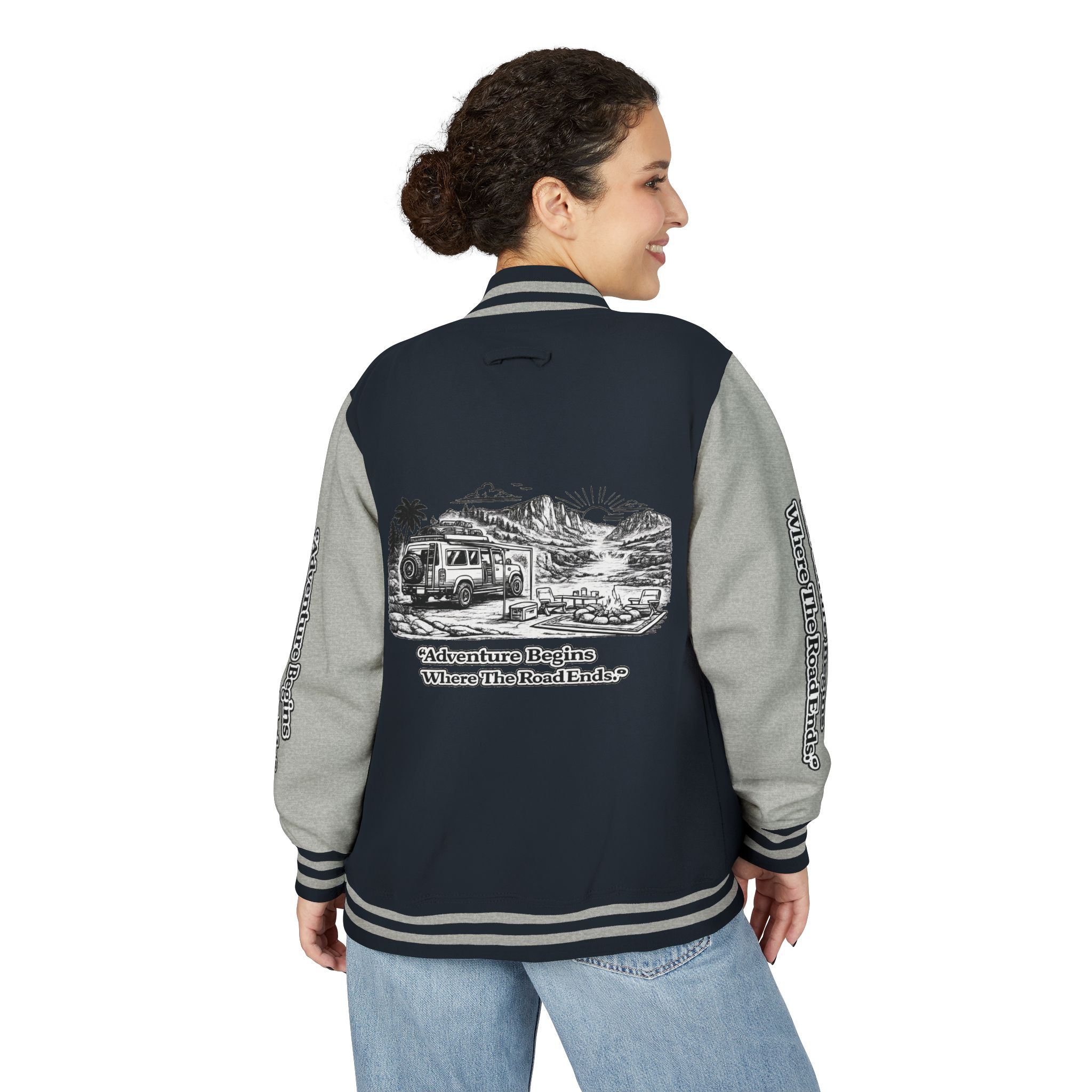 17285091503022366689_2048-1.jpeg Unisex Heavyweight Letterman Jacket — "Adventure Begins Where The Road Ends" Travel Varsity Coat